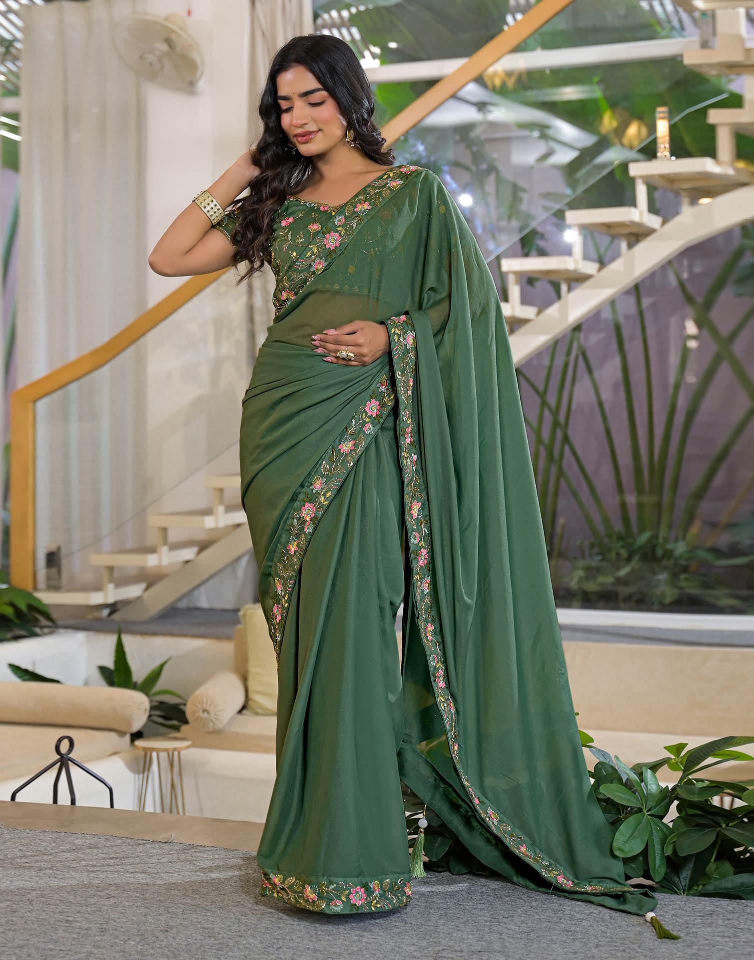 Light Green Shimmer Georgette Embroidery Lace Saree - Image 4