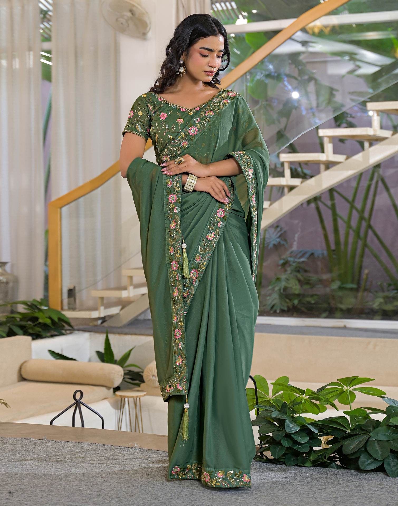 Light Green Shimmer Georgette Embroidery Lace Saree - Image 7