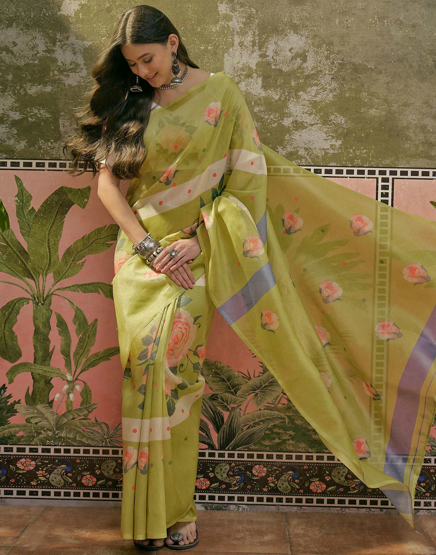 Light Green Shimmer Silk Floral Printed Saree