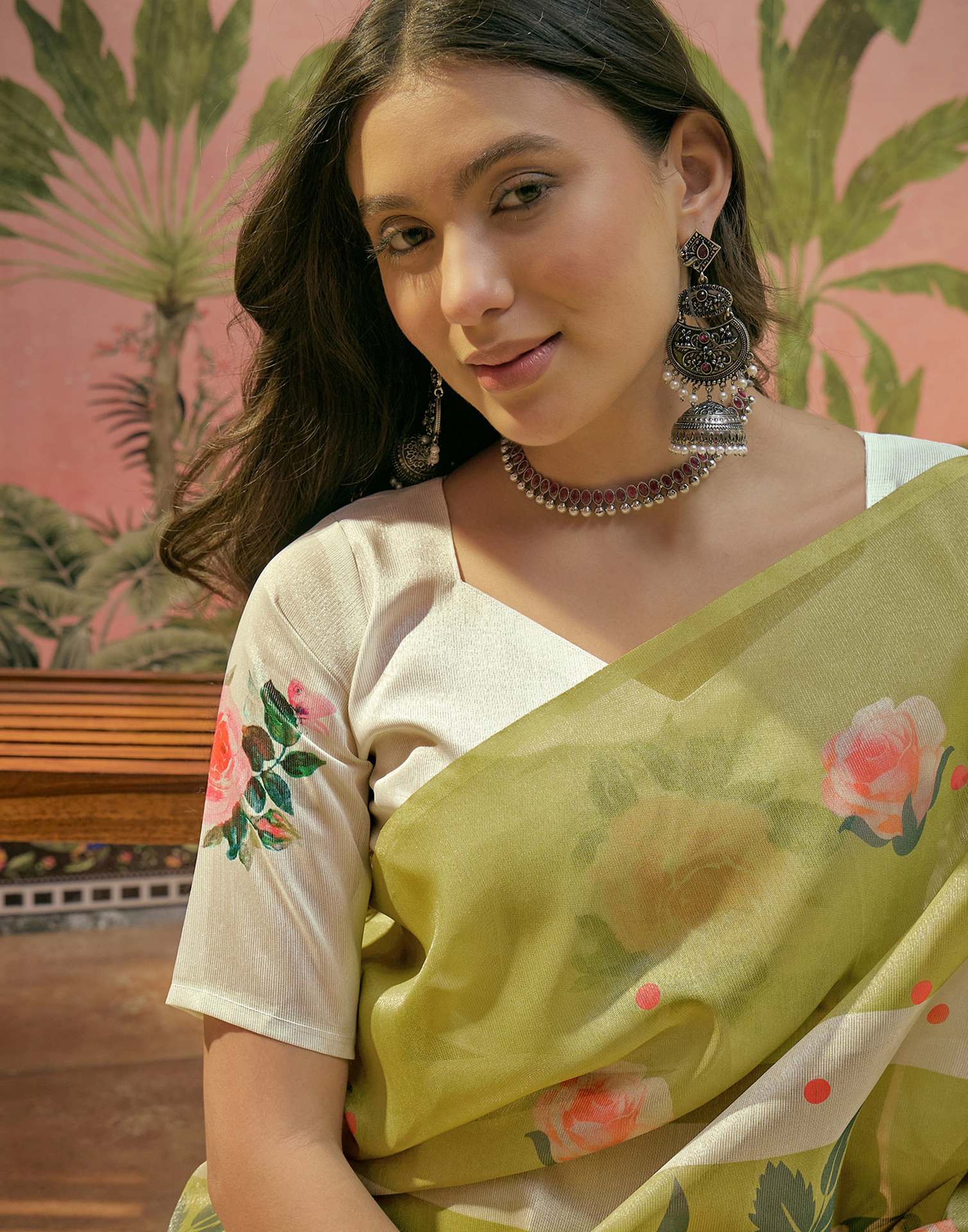 Light Green Shimmer Silk Floral Printed Saree - Image 2