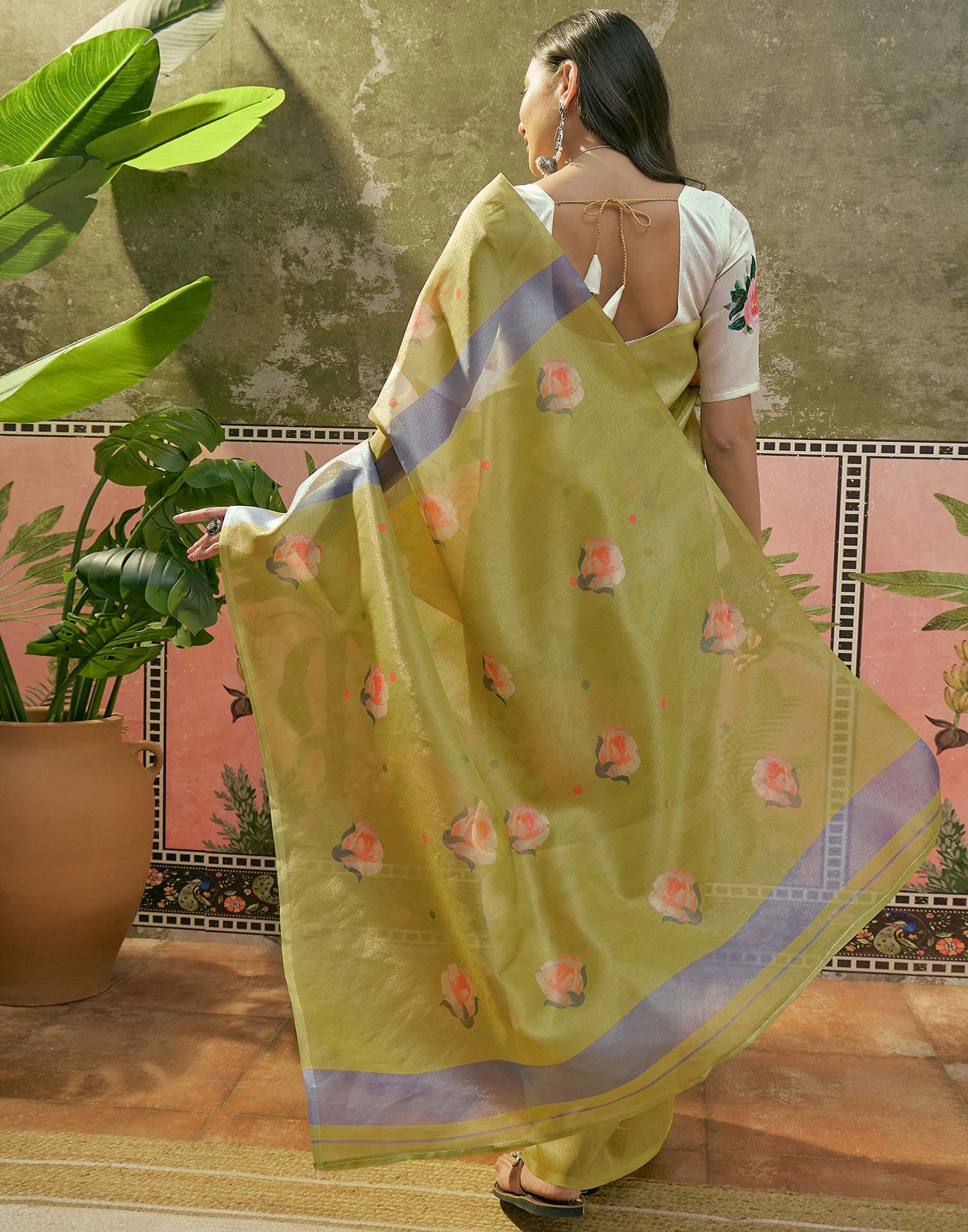 Light Green Shimmer Silk Floral Printed Saree - Image 6