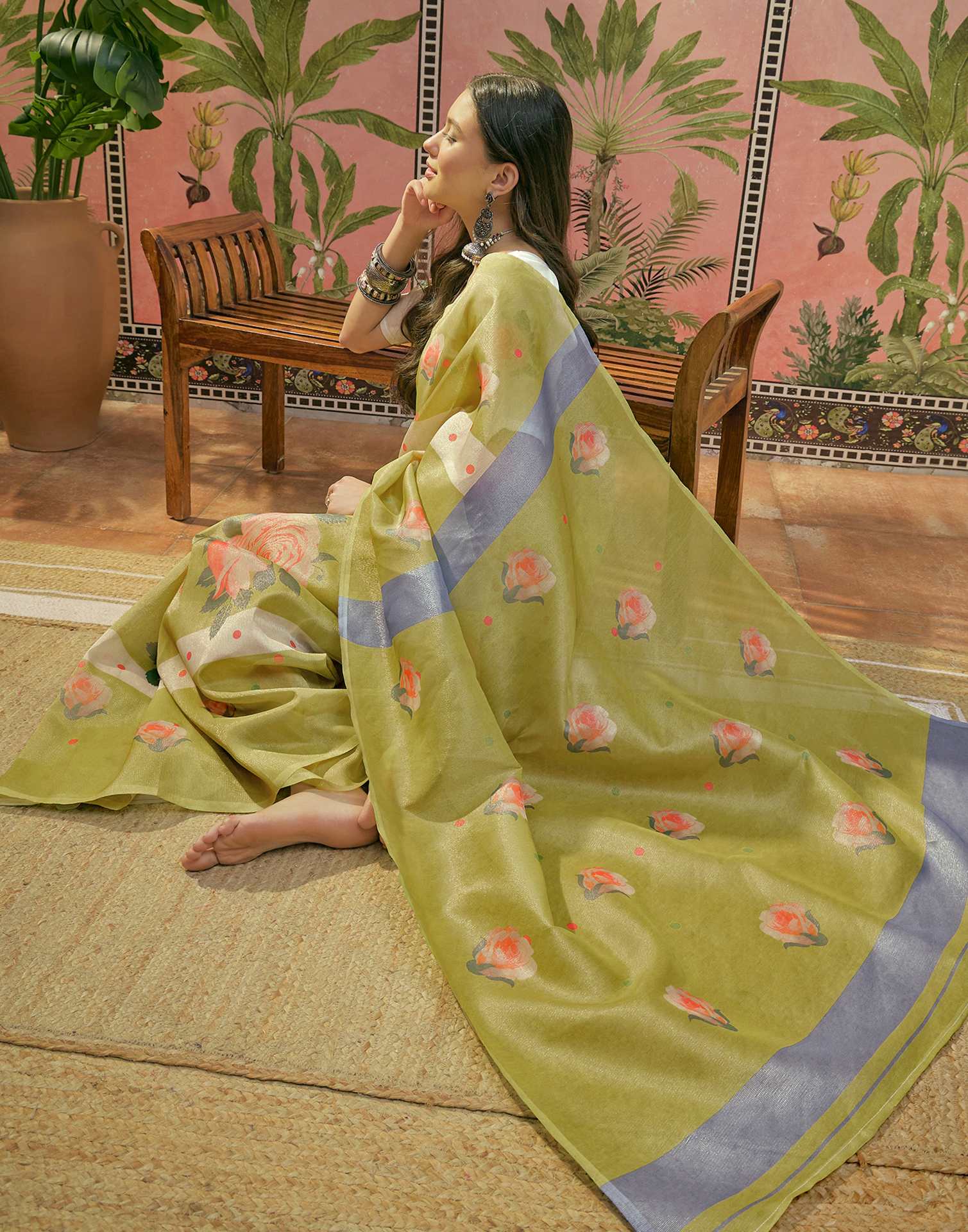 Light Green Shimmer Silk Floral Printed Saree - Image 7