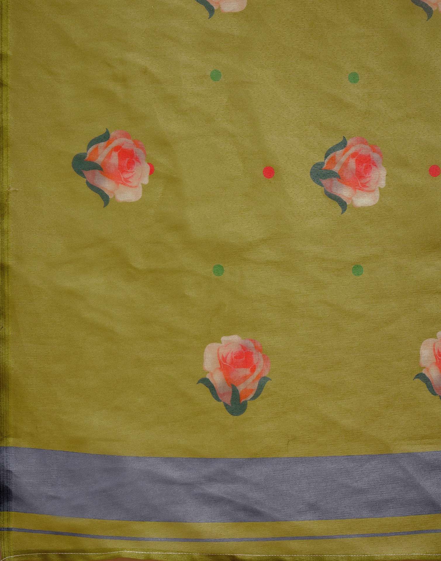 Light Green Shimmer Silk Floral Printed Saree - Image 9