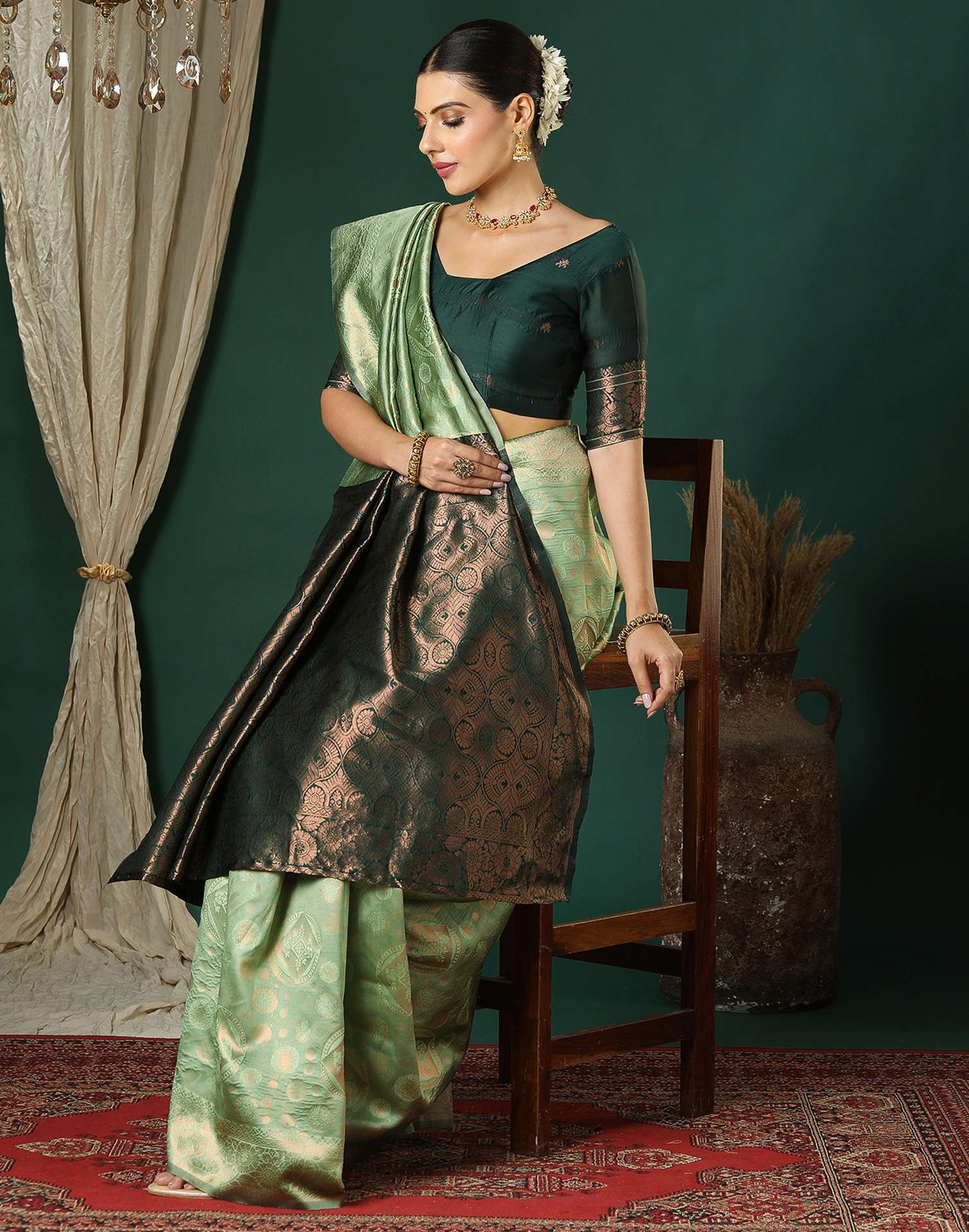 Light Green Silk Woven Banarasi Saree - Image 4