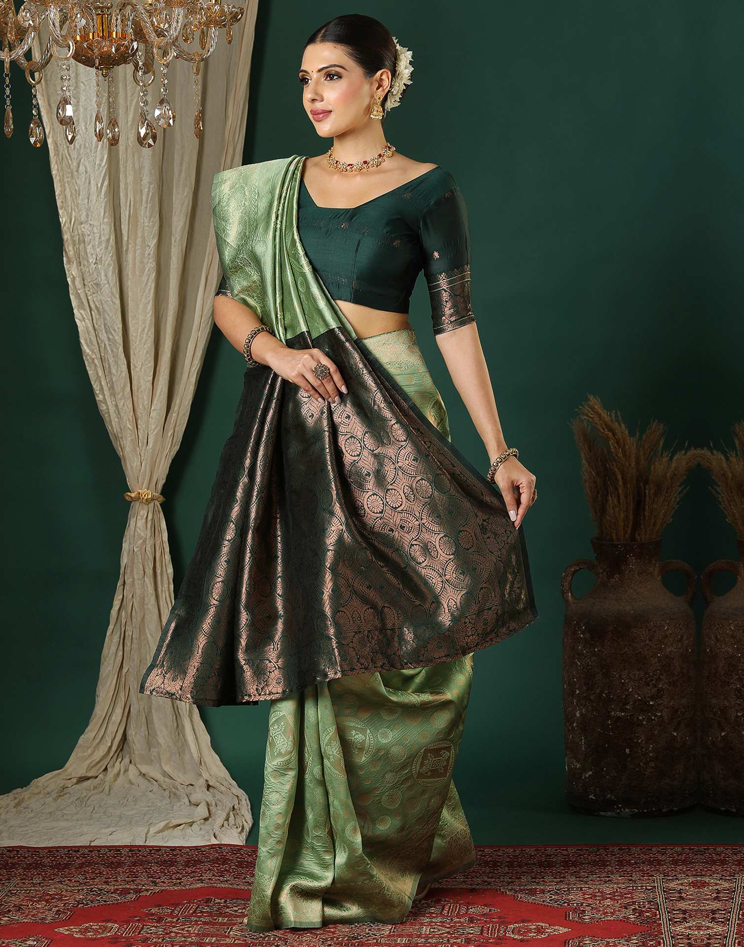Light Green Silk Woven Banarasi Saree - Image 5