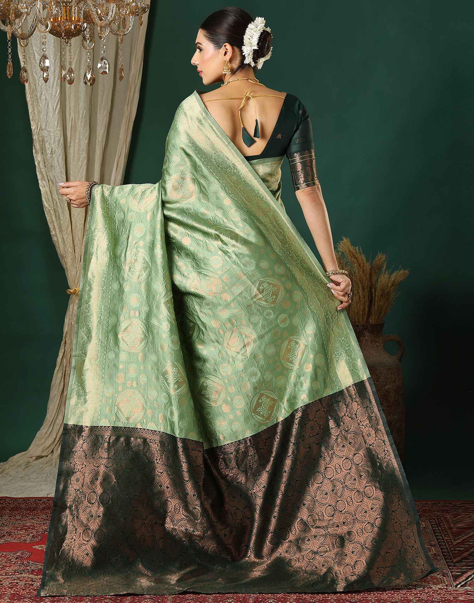 Light Green Silk Woven Banarasi Saree - Image 6
