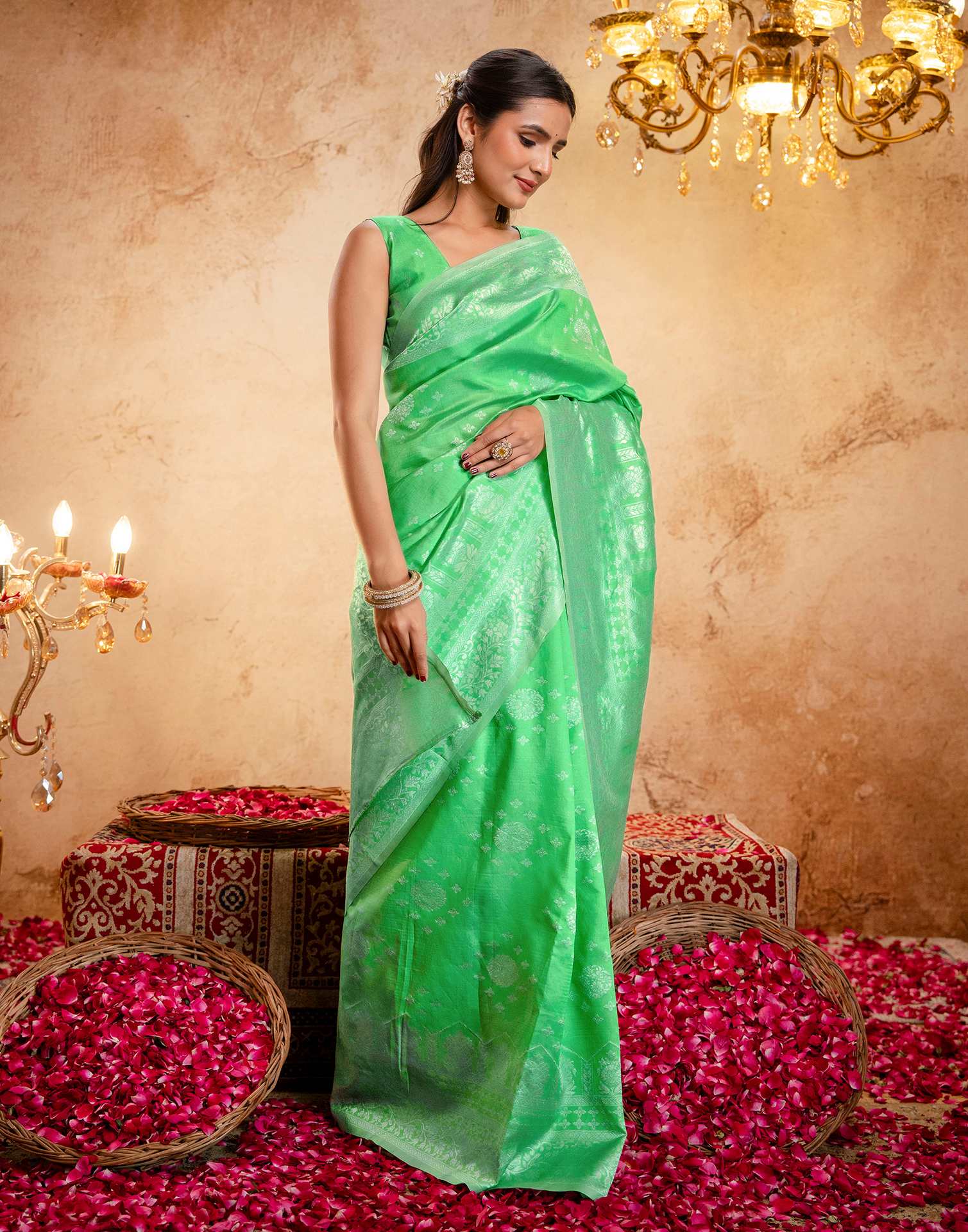 Light Green Silk Woven Banarasi Saree - Image 6
