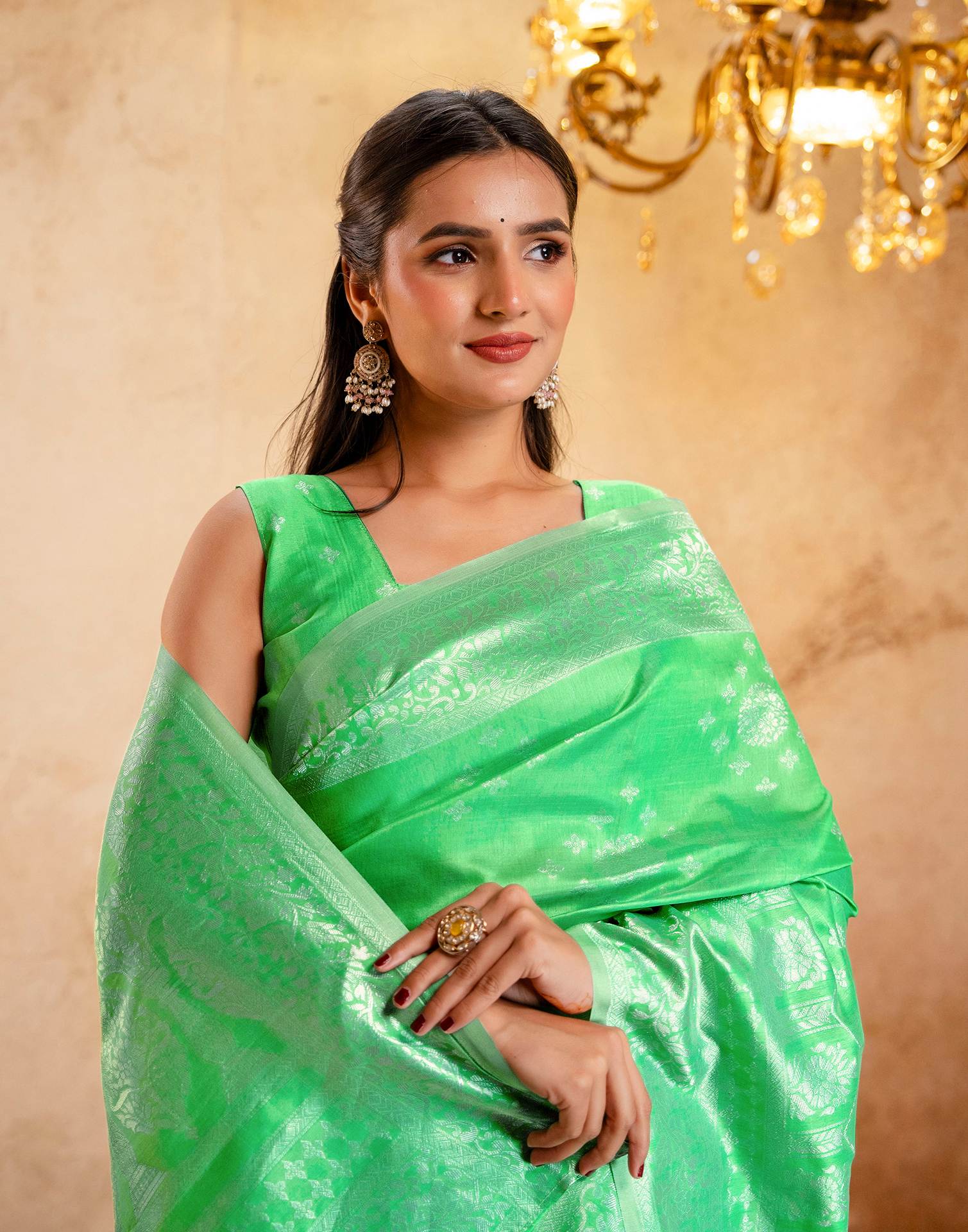 Light Green Silk Woven Banarasi Saree - Image 7