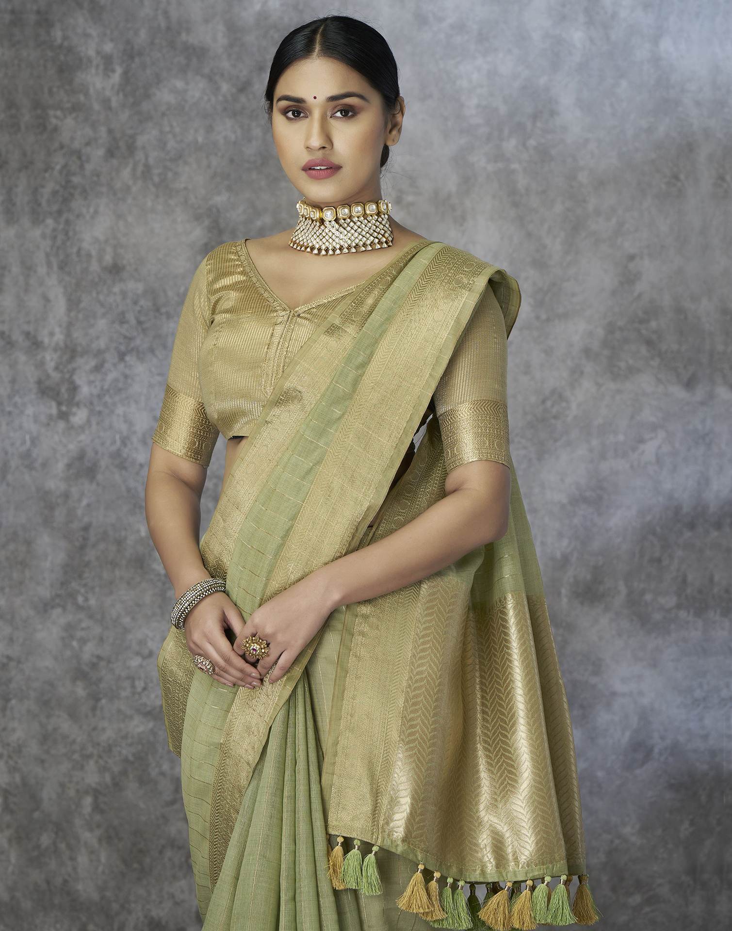 Light Green Silk Woven Zari Stripe Saree - Image 4