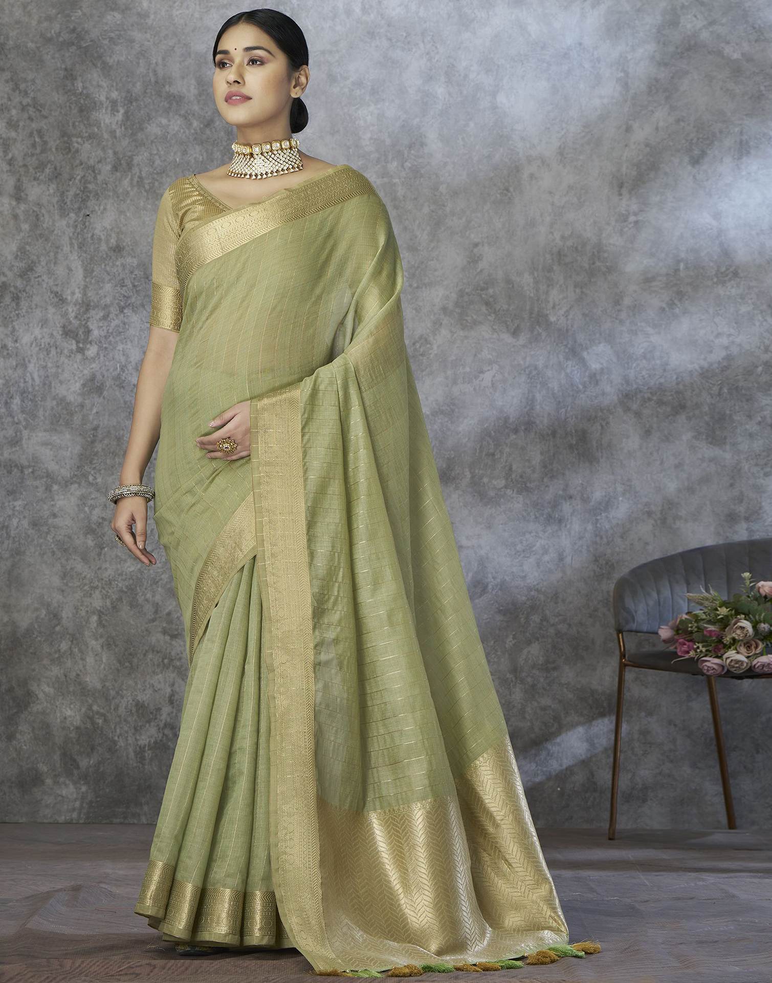 Light Green Silk Woven Zari Stripe Saree - Image 5