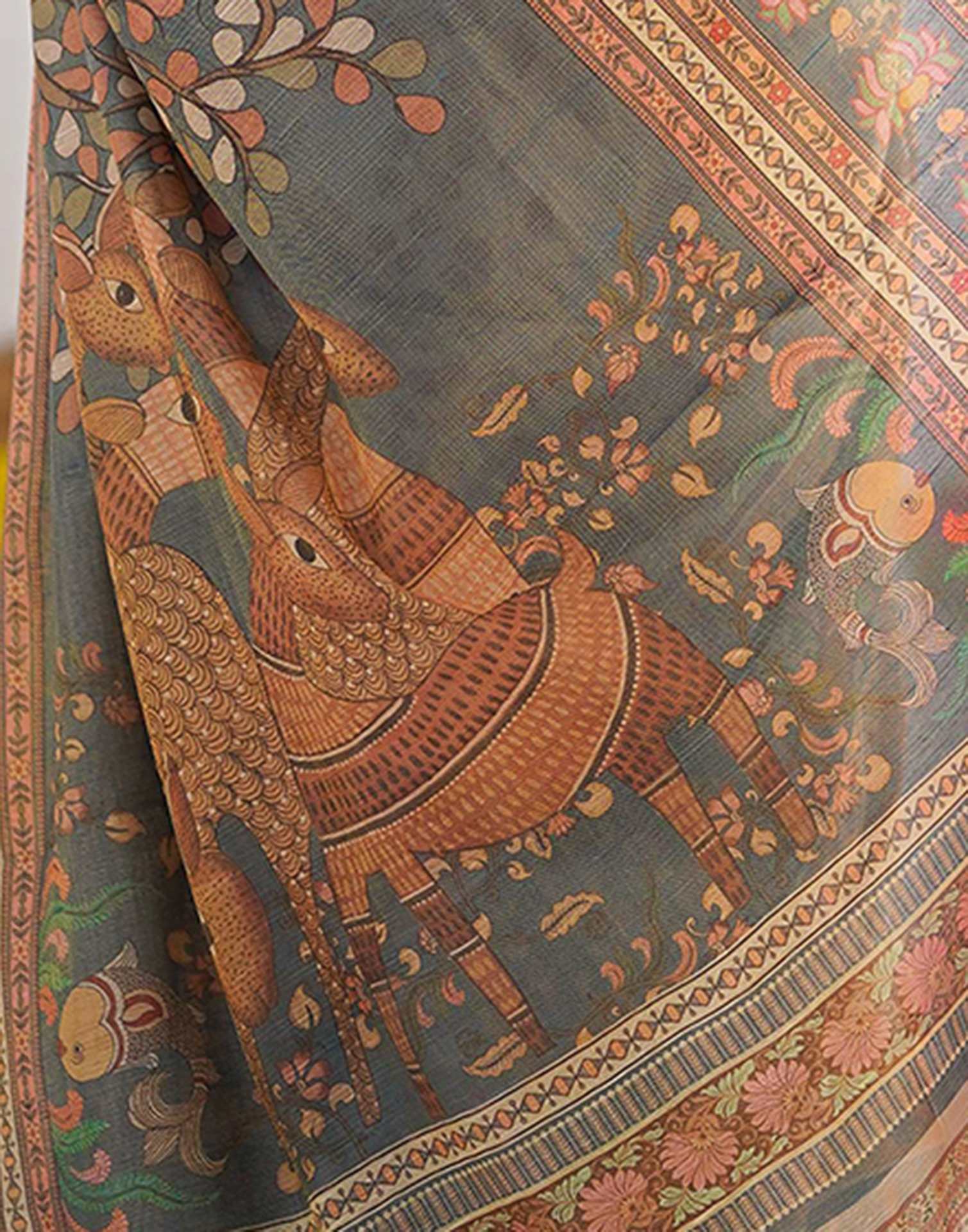 Light Grey Linen Floral Printed Saree - Image 8