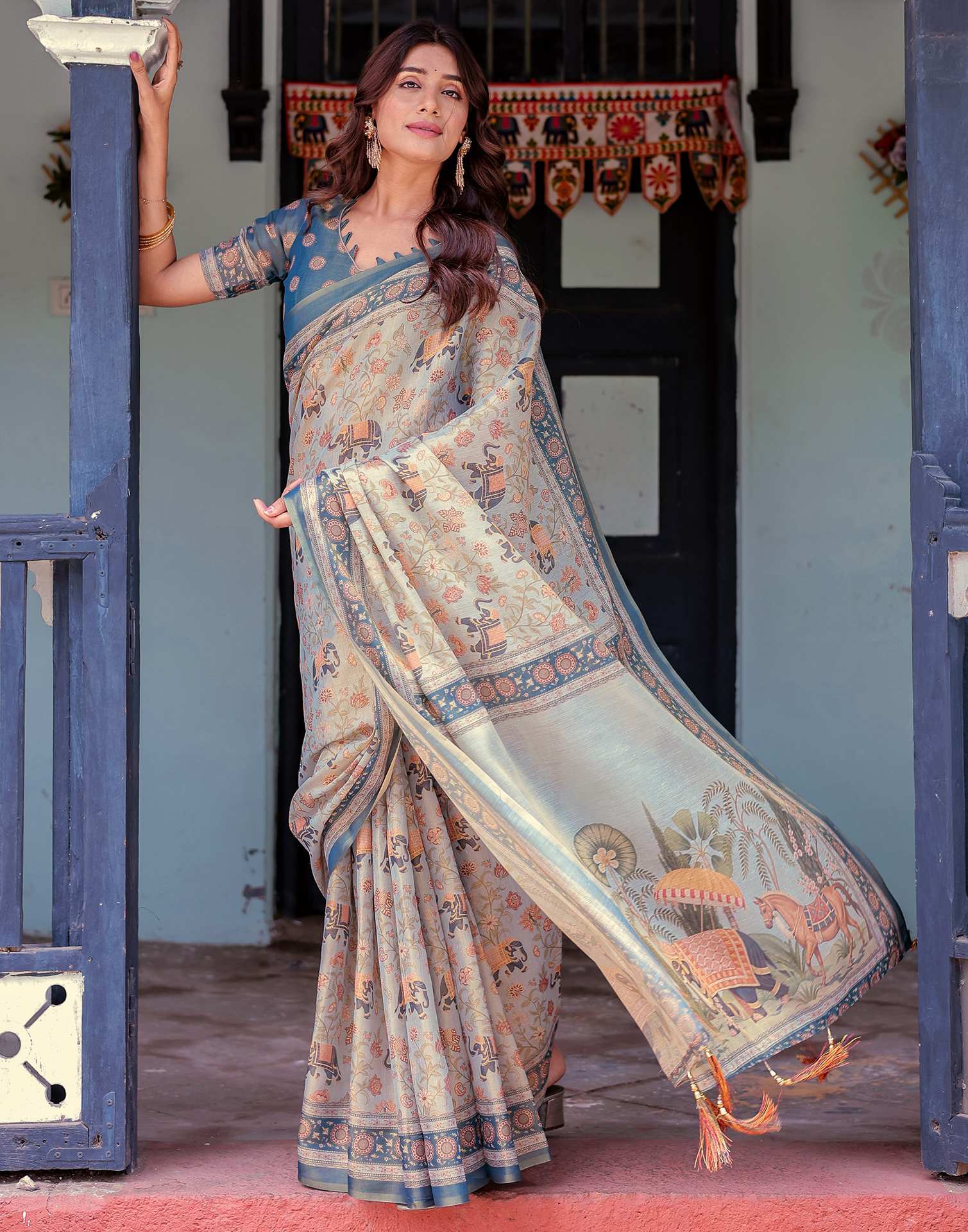 Light Grey Shimmer Silk Printed Saree - Image 7