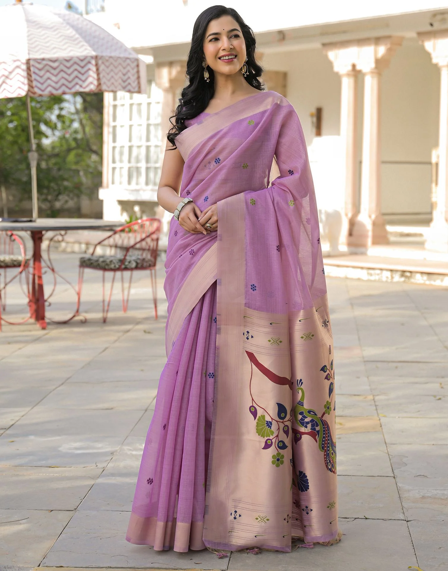 Light Lavender Cotton Woven Paithani Saree - Image 7