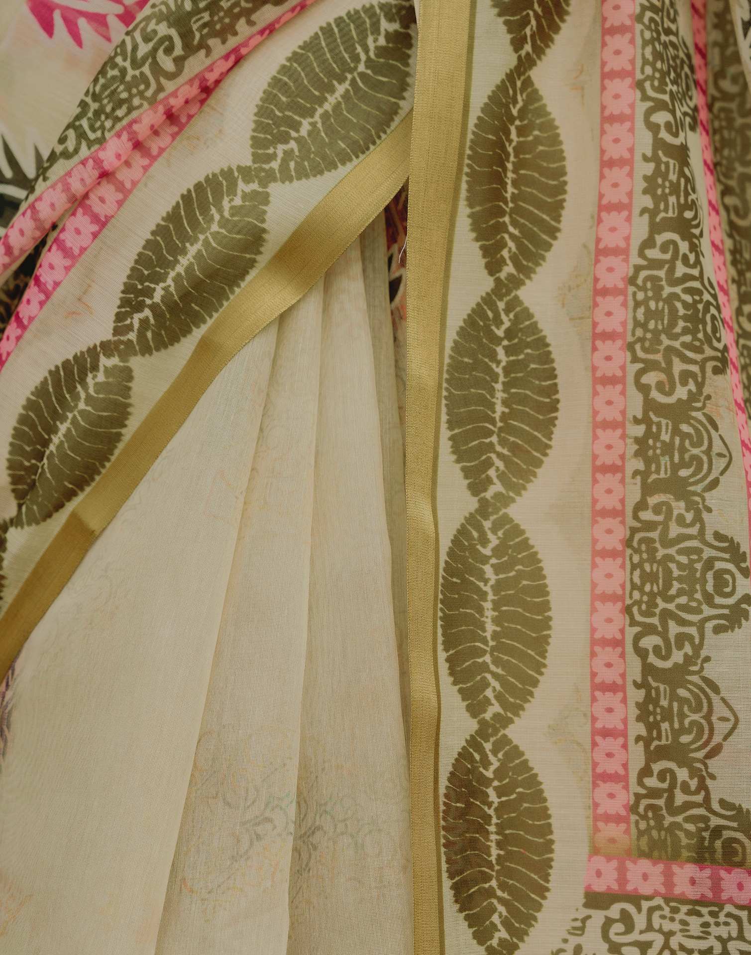 Light Lemon Yellow Linen Printed Saree - Image 11