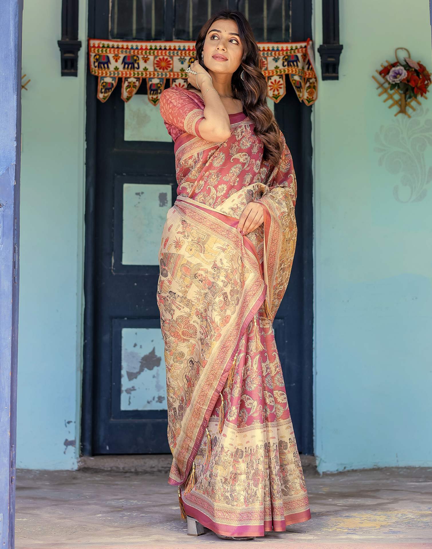 Light Maroon Shimmer Silk Printed Saree - Image 6