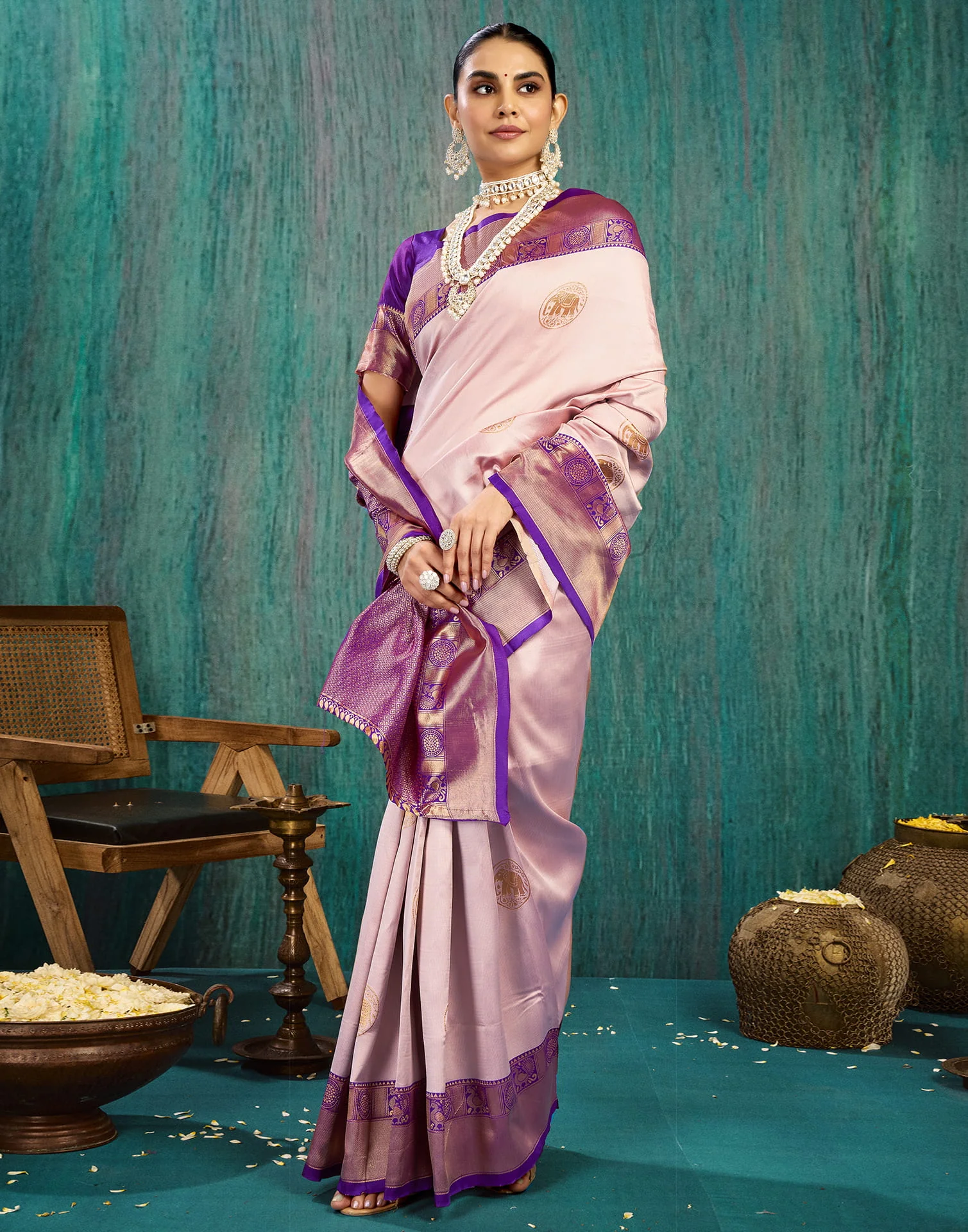 Pink Silk Woven Kanjivaram Saree - Image 4