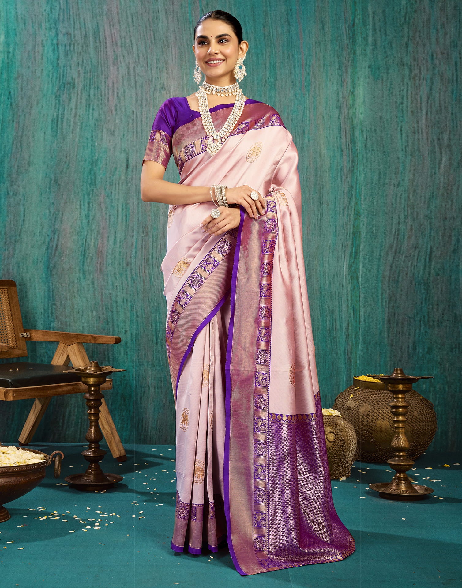 Pink Silk Woven Kanjivaram Saree - Image 5