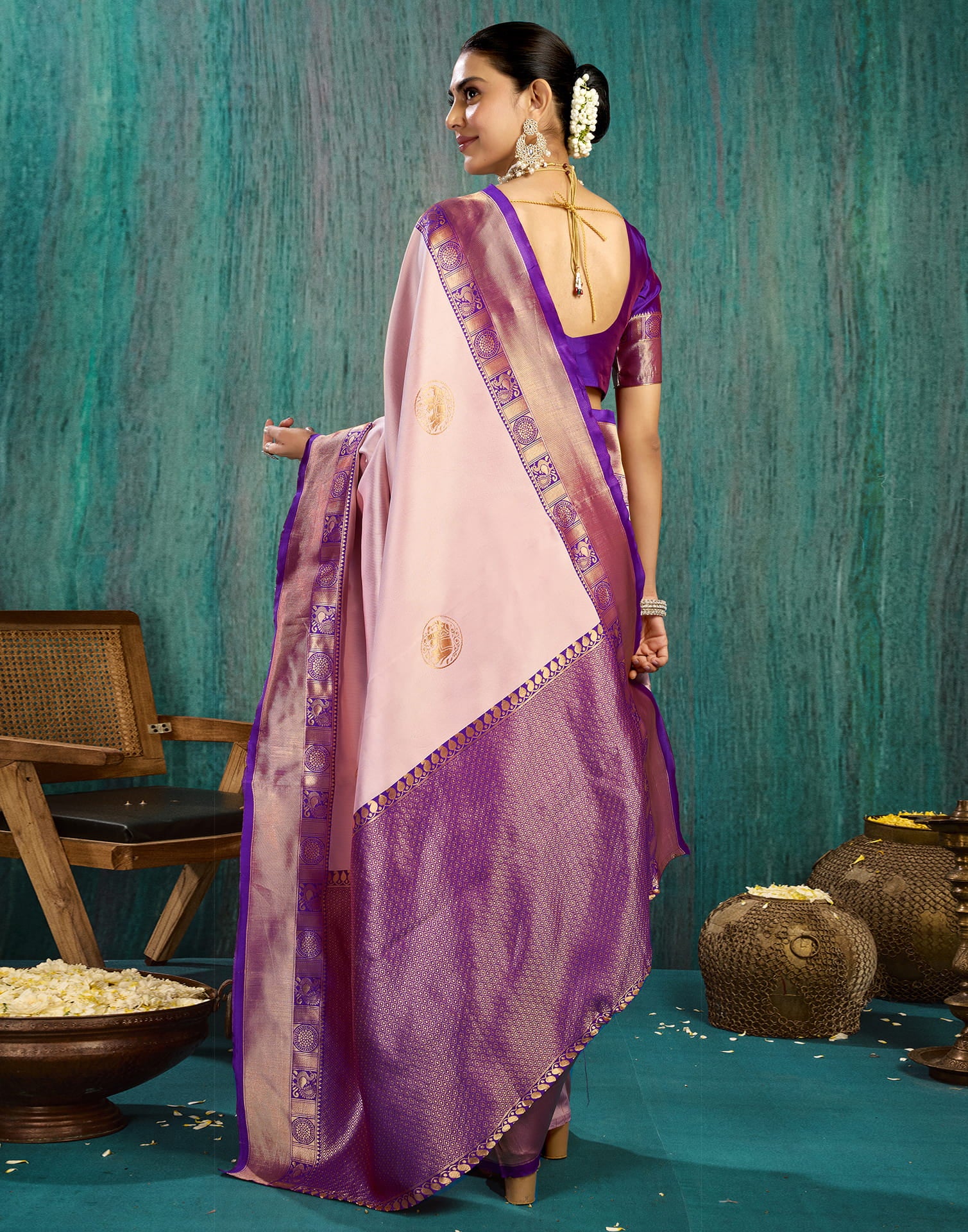Pink Silk Woven Kanjivaram Saree - Image 7