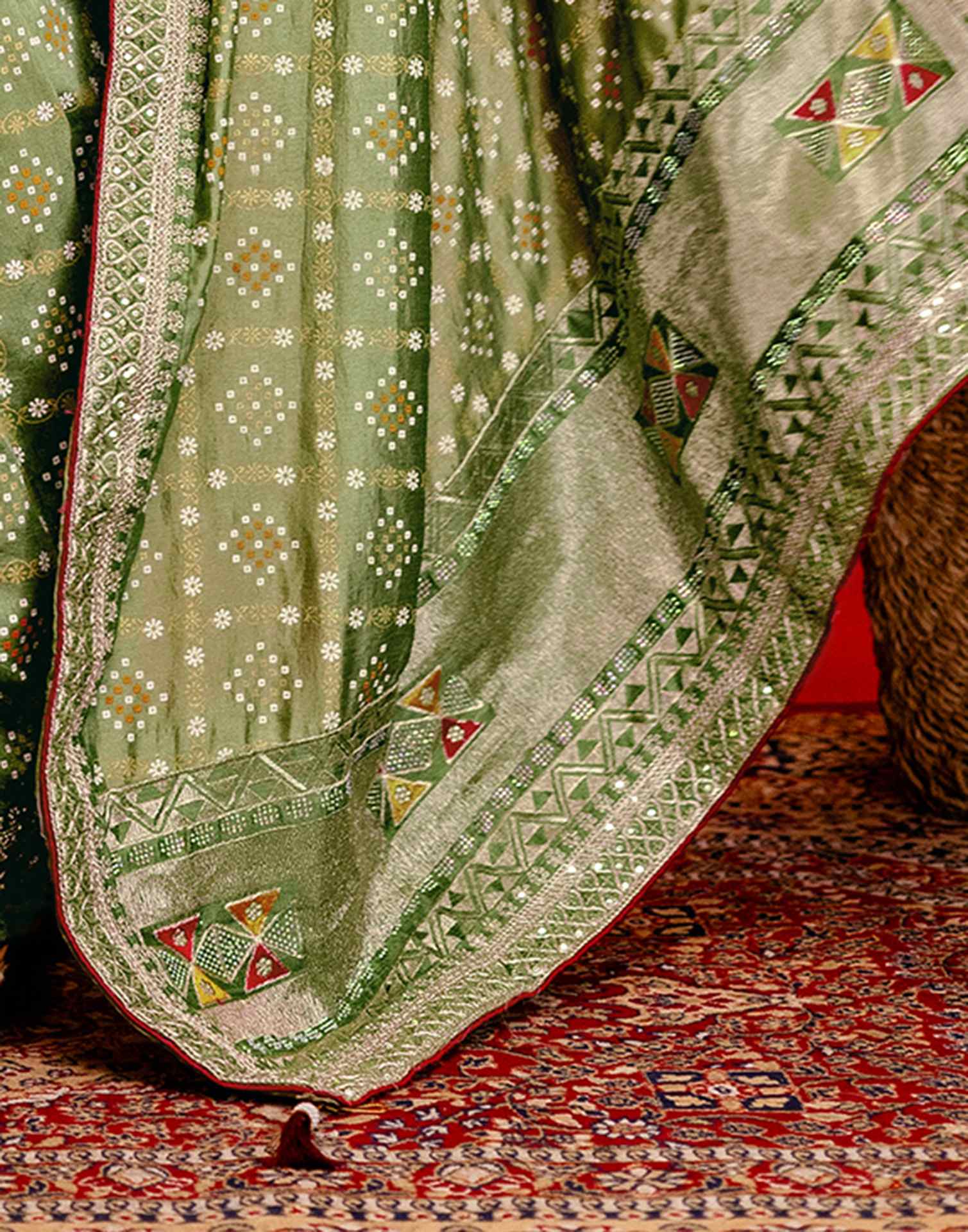 Light Mehandi Green Silk Bandhani Printed Saree - Image 12