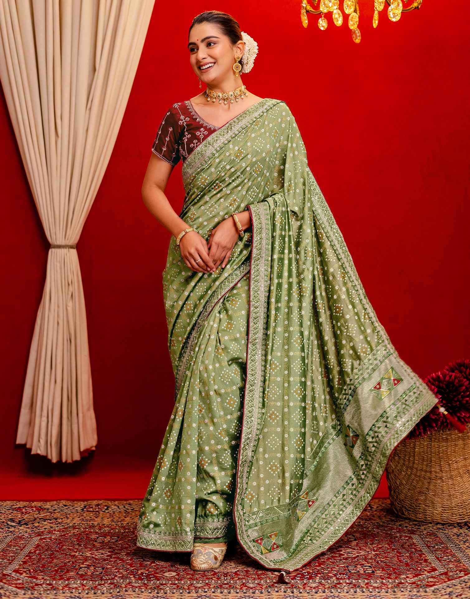 Light Mehandi Green Silk Bandhani Printed Saree - Image 5