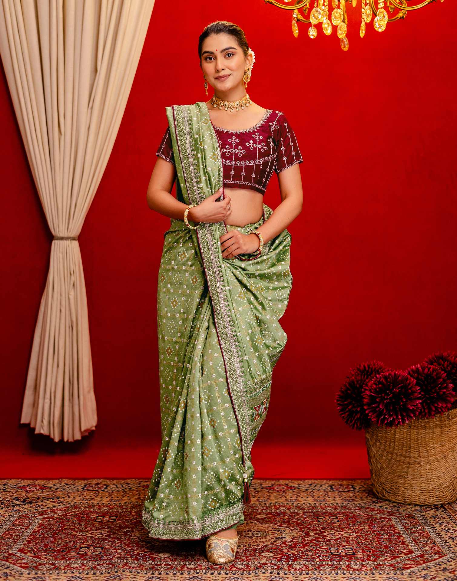 Light Mehandi Green Silk Bandhani Printed Saree - Image 6