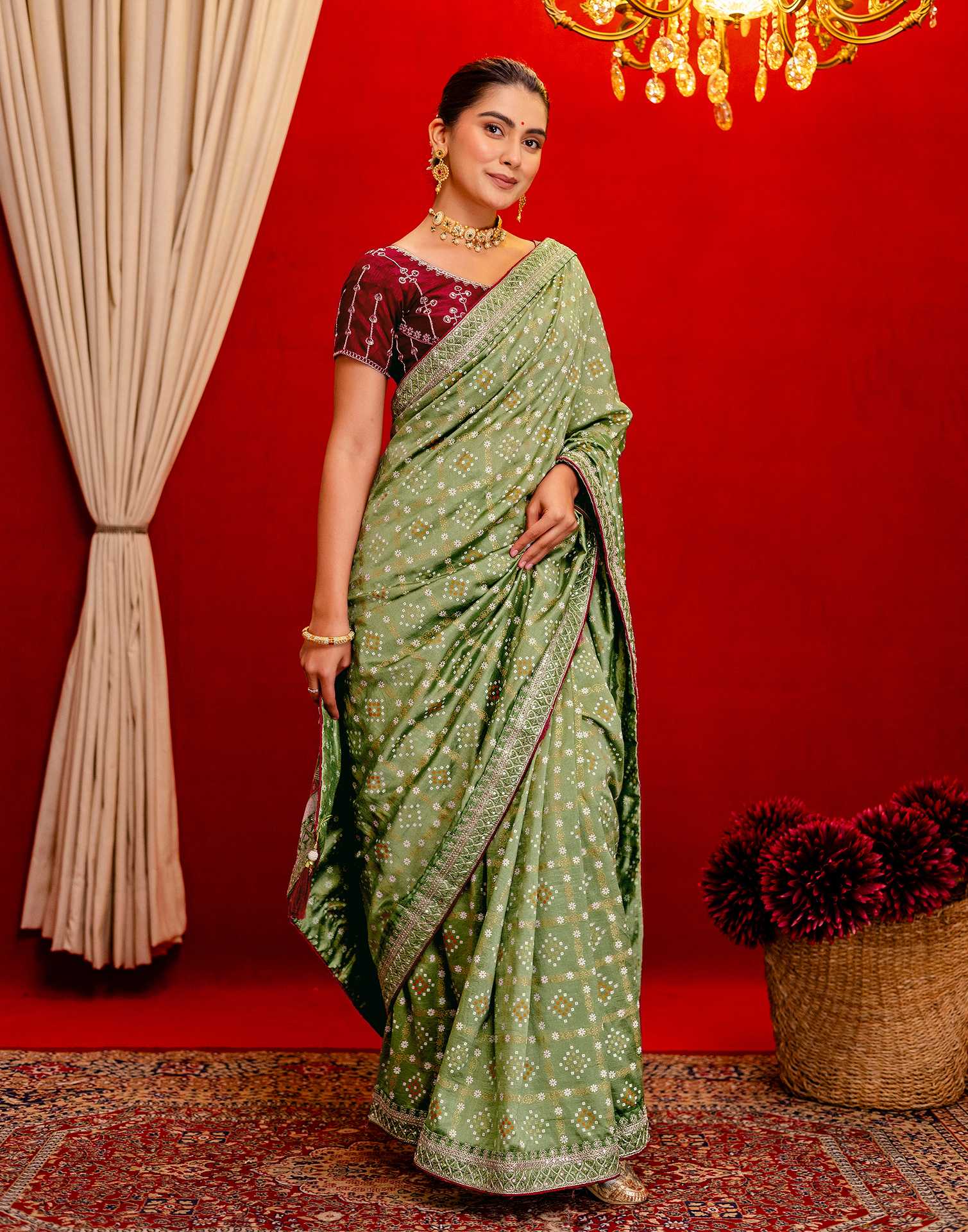 Light Mehandi Green Silk Bandhani Printed Saree - Image 8