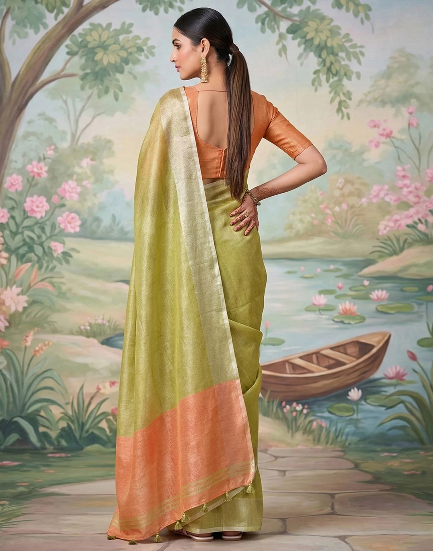 Light Mehndi Green Cotton Silk Tassels Woven Saree - Image 5