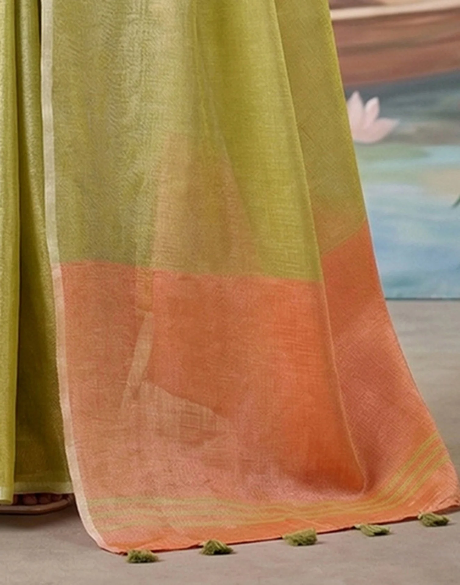 Light Mehndi Green Cotton Silk Tassels Woven Saree - Image 6