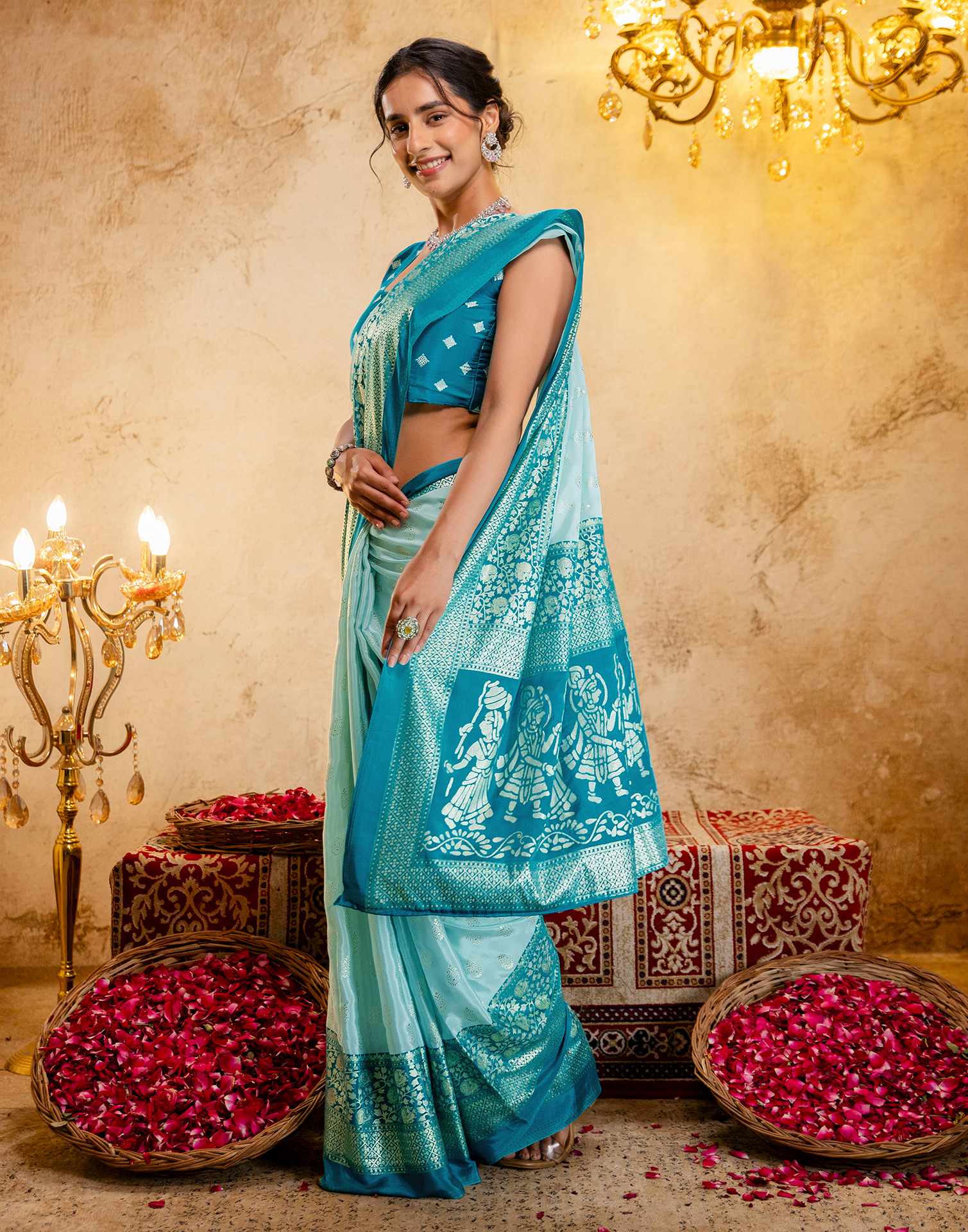 Light Mint Blue Crepe Silk Foil Printed Saree - Image 8