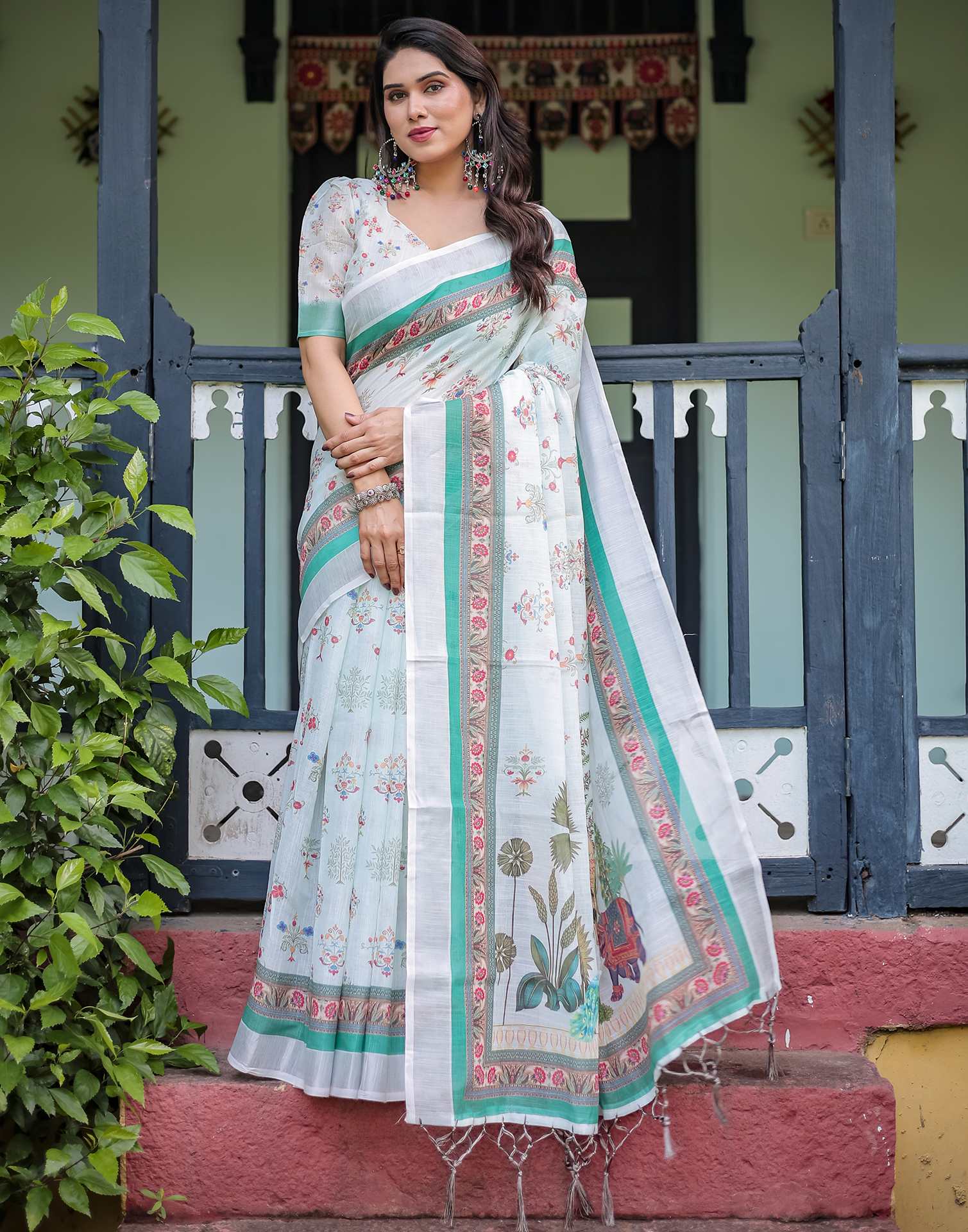 White Linen Printed Saree