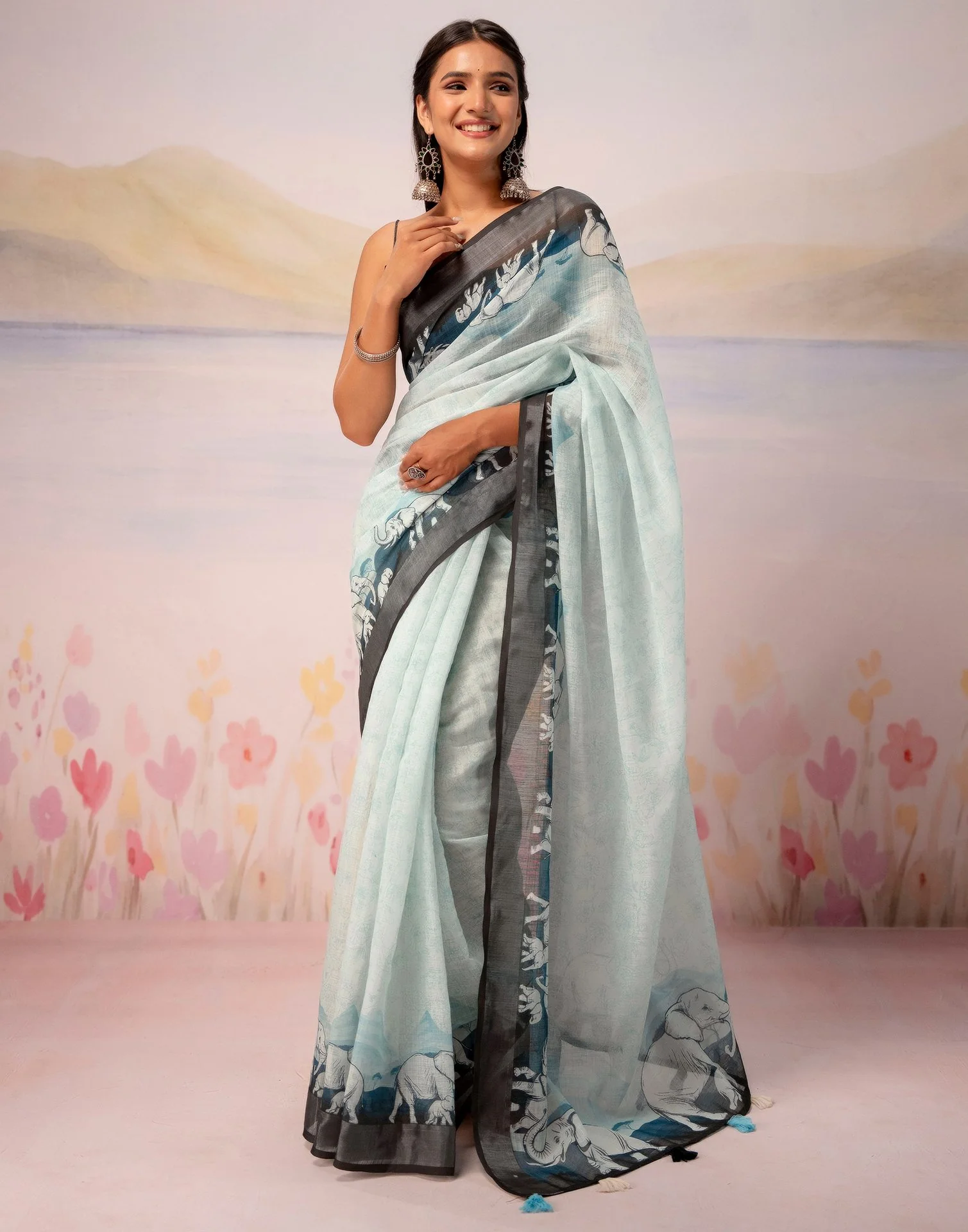 Light Mint Blue Linen Printed Zari Border Saree
