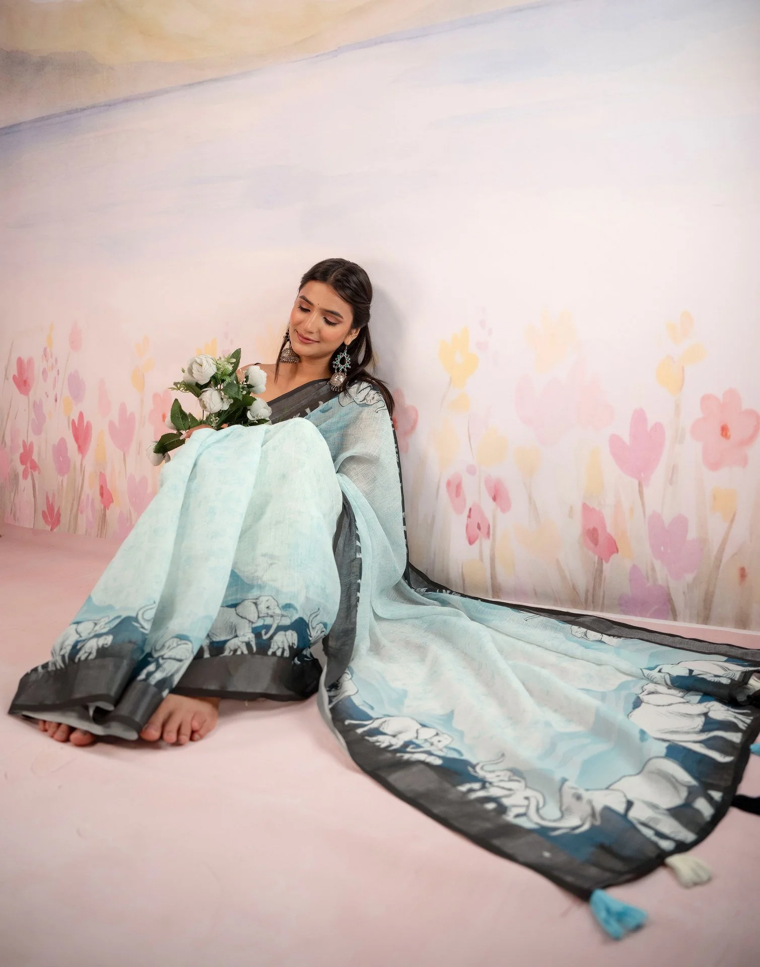 Light Mint Blue Linen Printed Zari Border Saree - Image 11