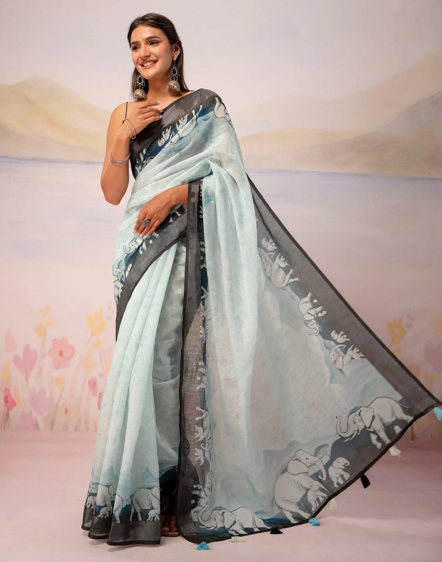 Light Mint Blue Linen Printed Zari Border Saree - Image 6