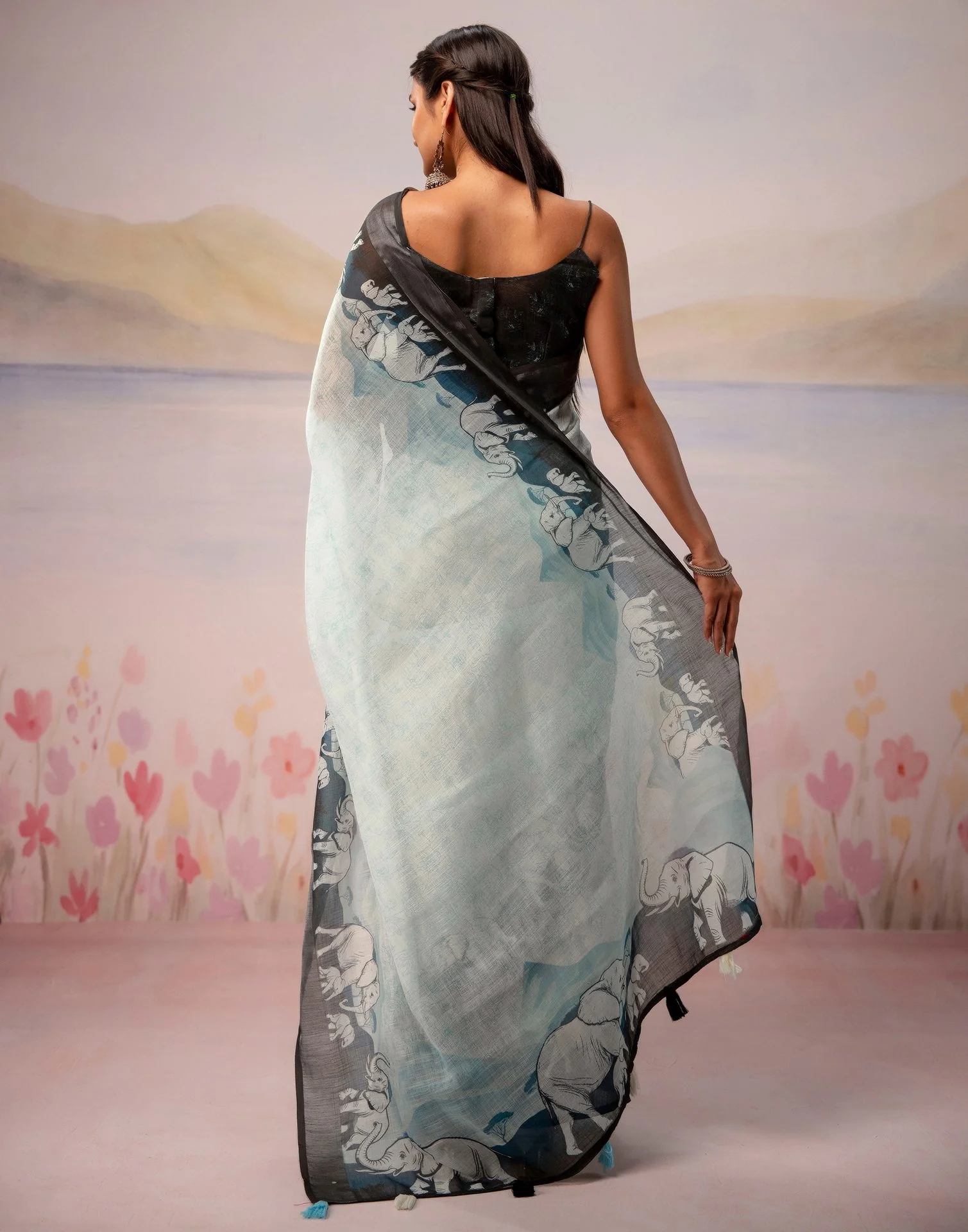 Light Mint Blue Linen Printed Zari Border Saree - Image 8