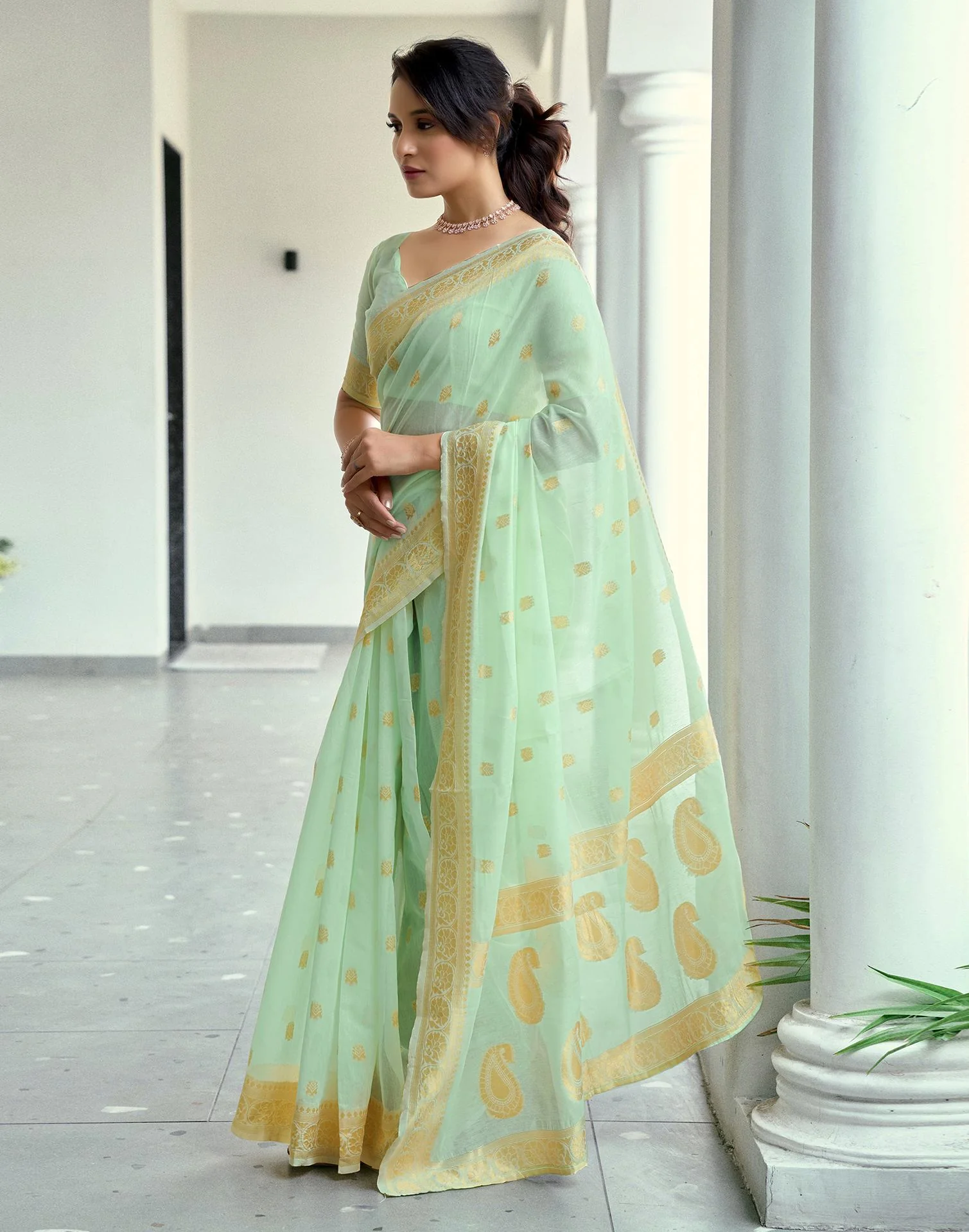 Light Mint Green Chanderi Woven Saree - Image 5