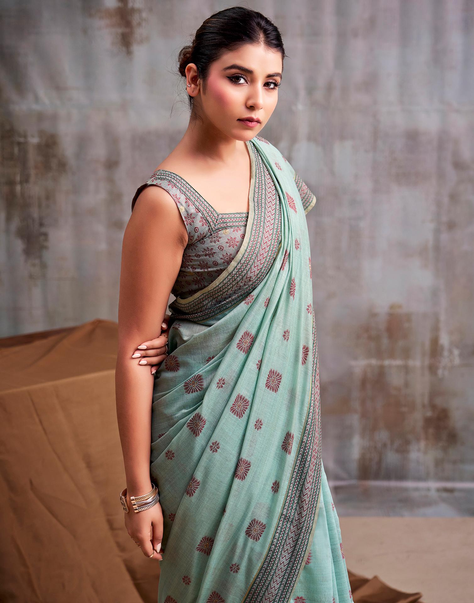 Light Mint Green Cotton Woven Saree - Image 4