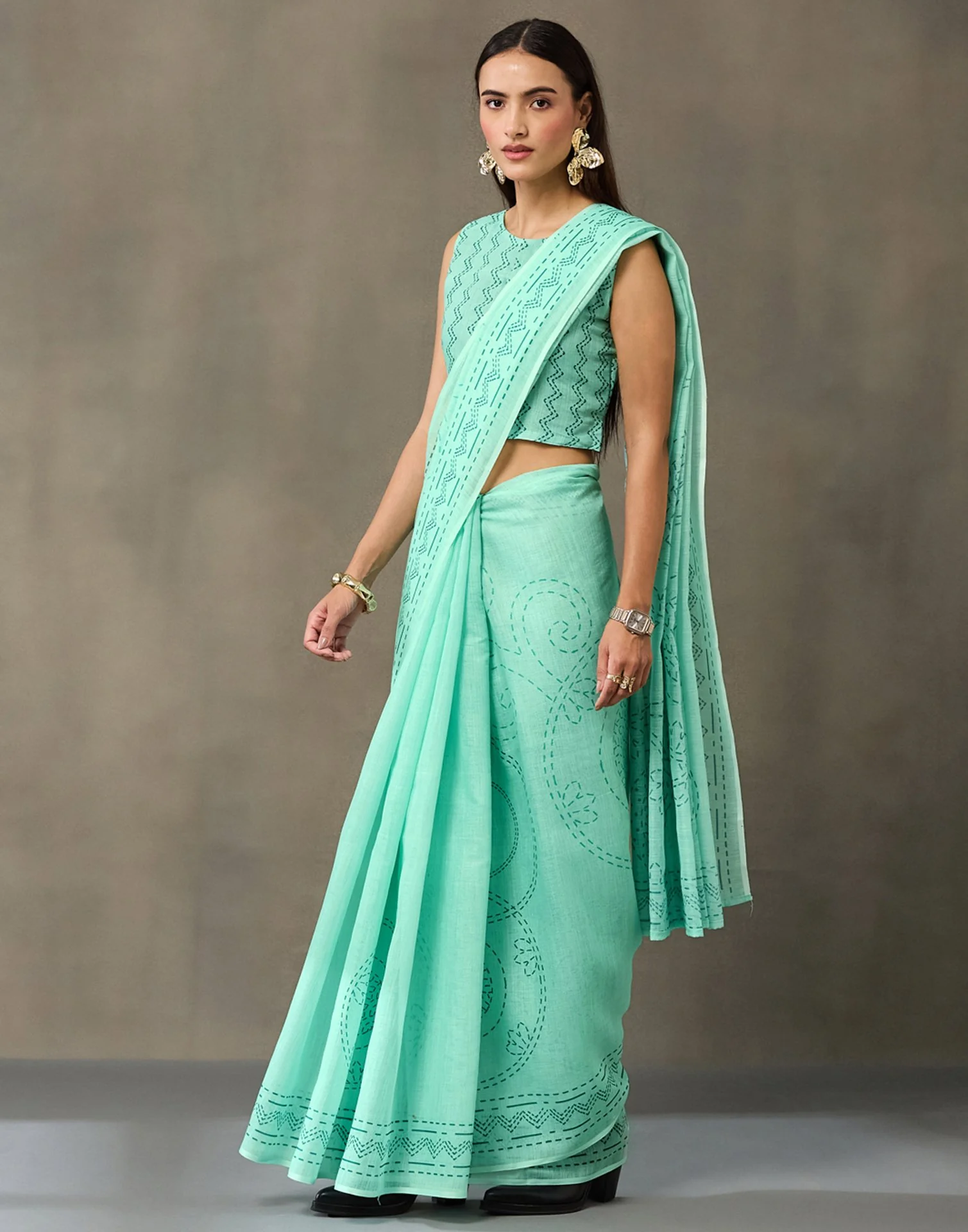 Light Mint Green Linen Printed Saree - Image 5