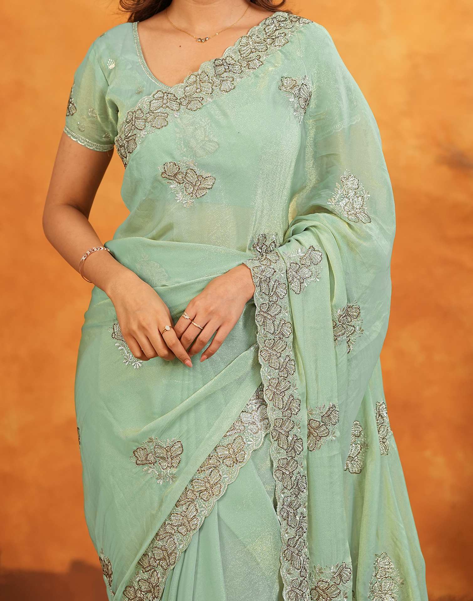 Light Mint Green Shimmer Silk Stone Work Embroidery Saree - Image 10