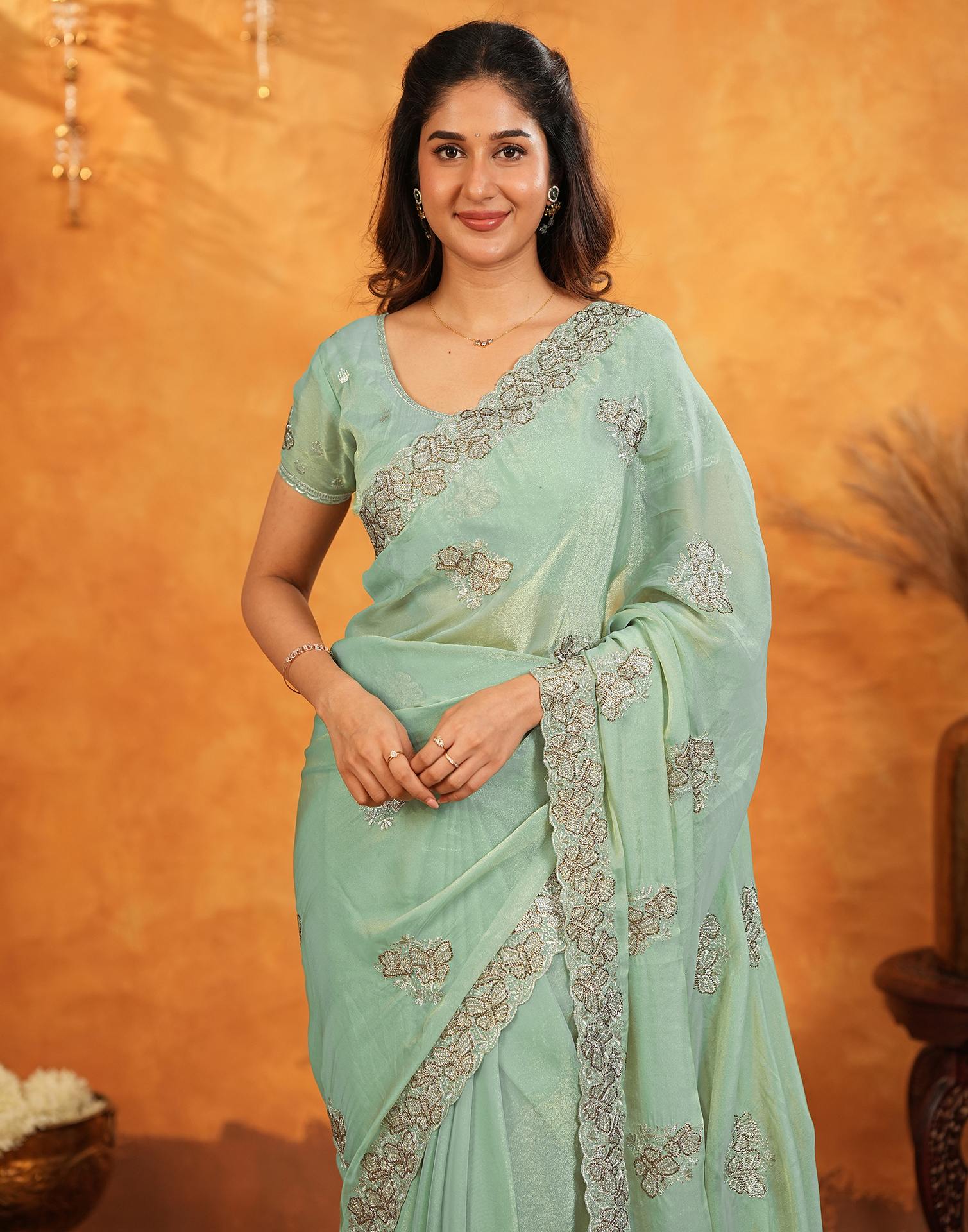 Light Mint Green Shimmer Silk Stone Work Embroidery Saree - Image 9
