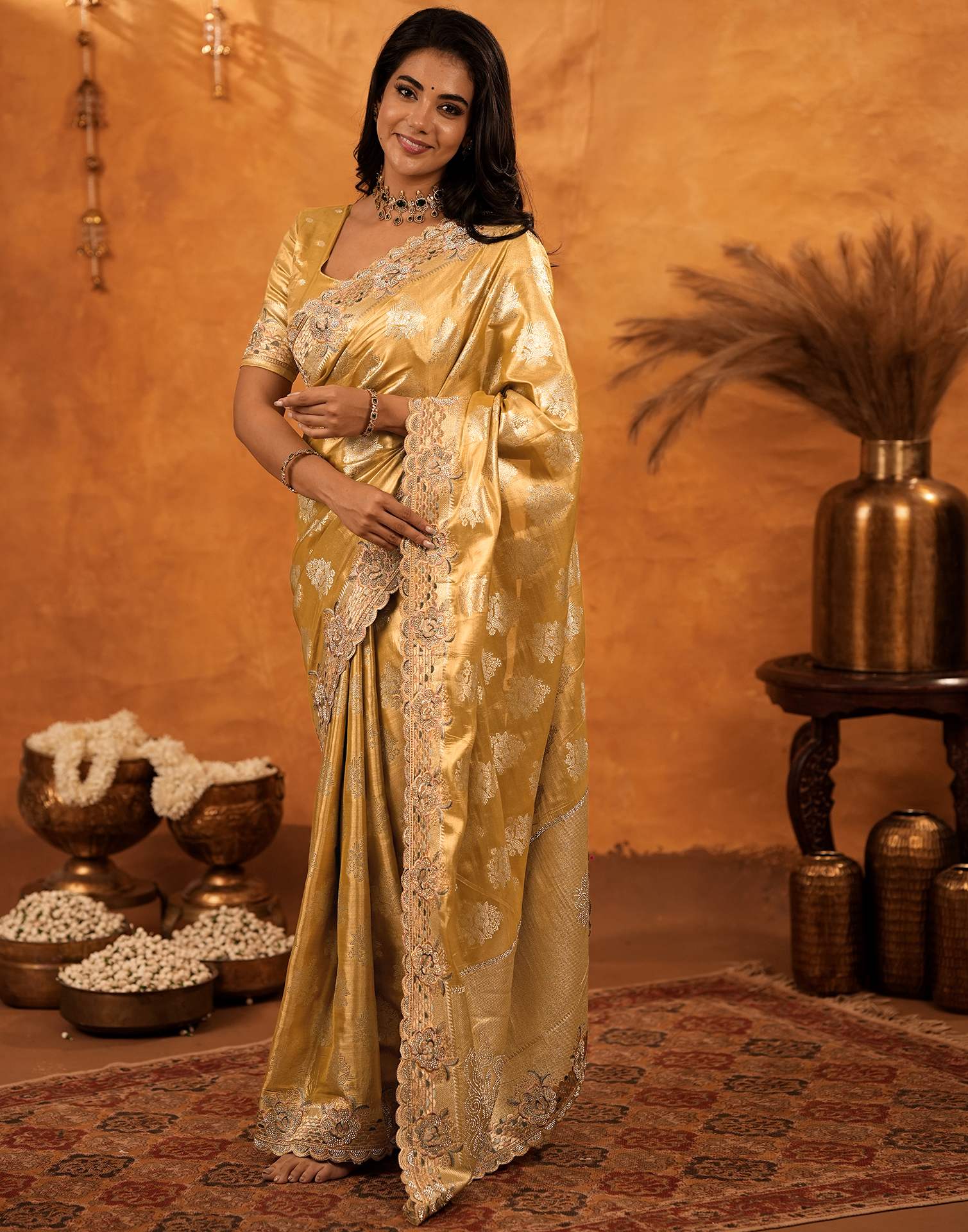 Light Mustard Silk Woven Embroidery Stone Work Banarasi Saree - Image 10