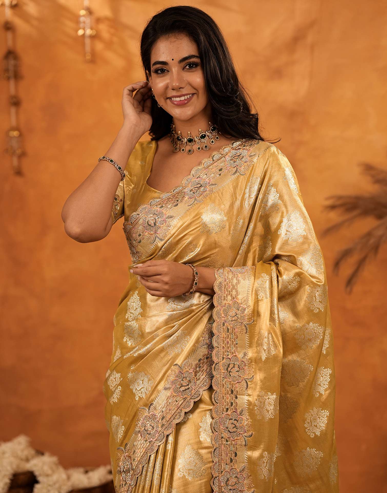 Light Mustard Silk Woven Embroidery Stone Work Banarasi Saree - Image 2