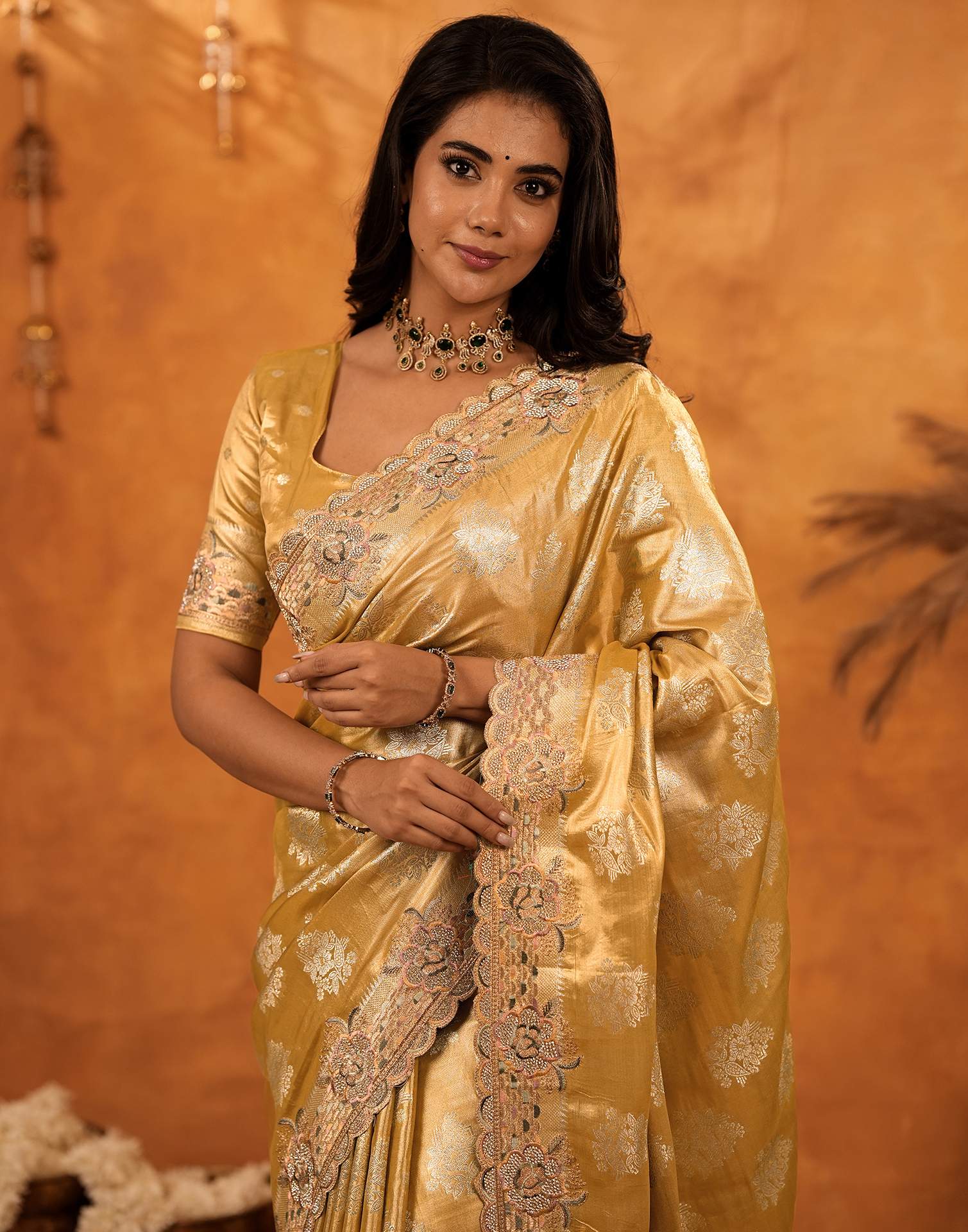 Light Mustard Silk Woven Embroidery Stone Work Banarasi Saree - Image 4