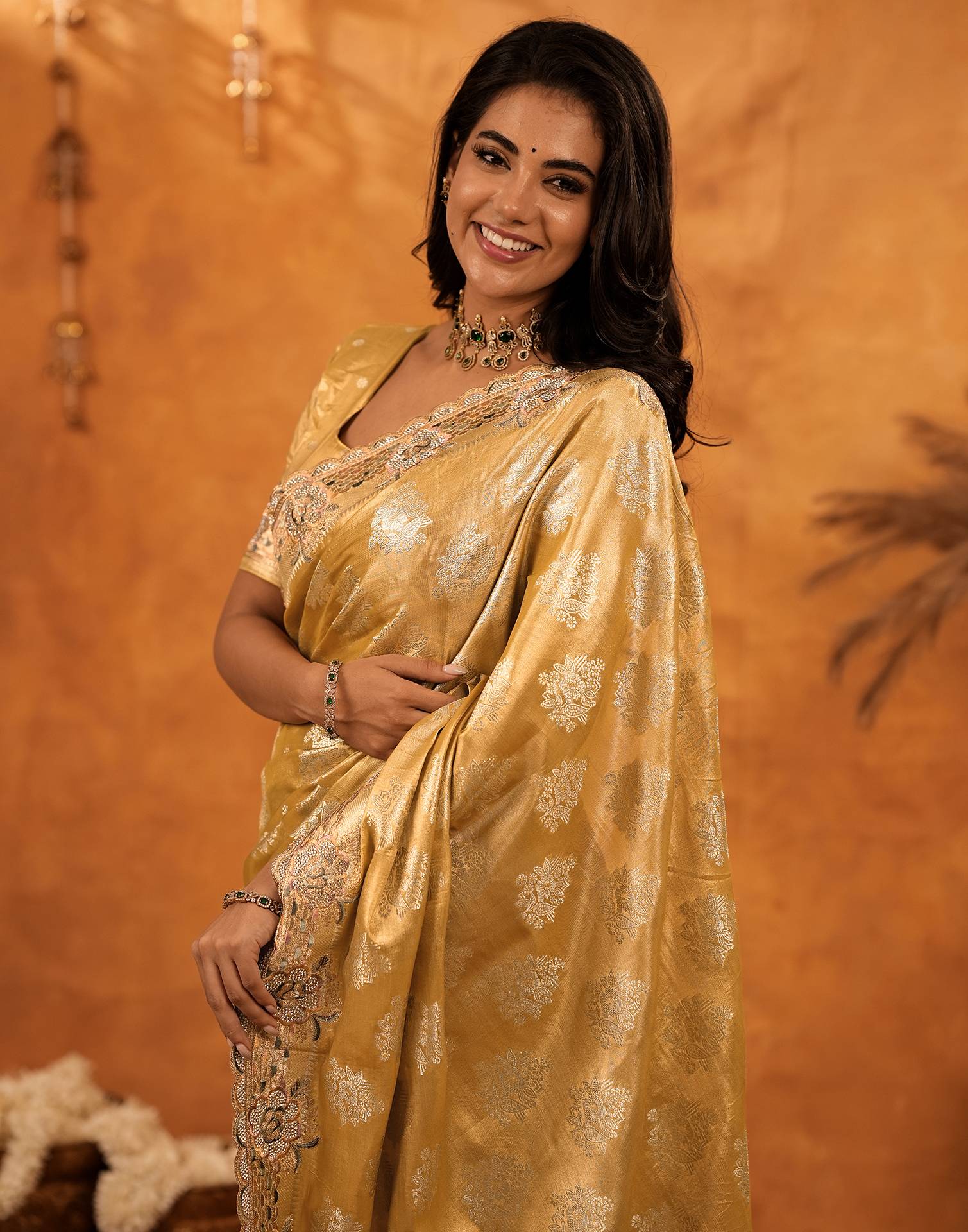 Light Mustard Silk Woven Embroidery Stone Work Banarasi Saree - Image 5