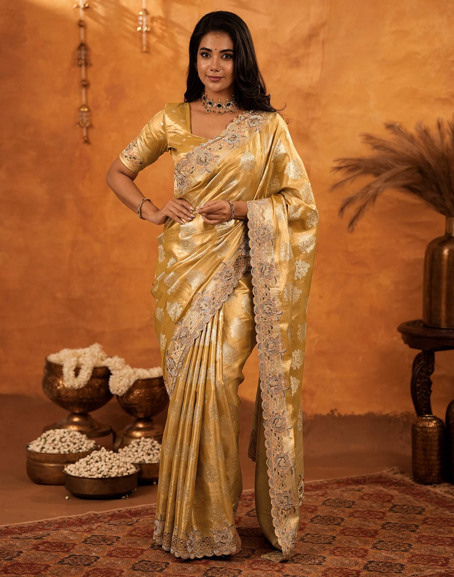 Light Mustard Silk Woven Embroidery Stone Work Banarasi Saree - Image 7