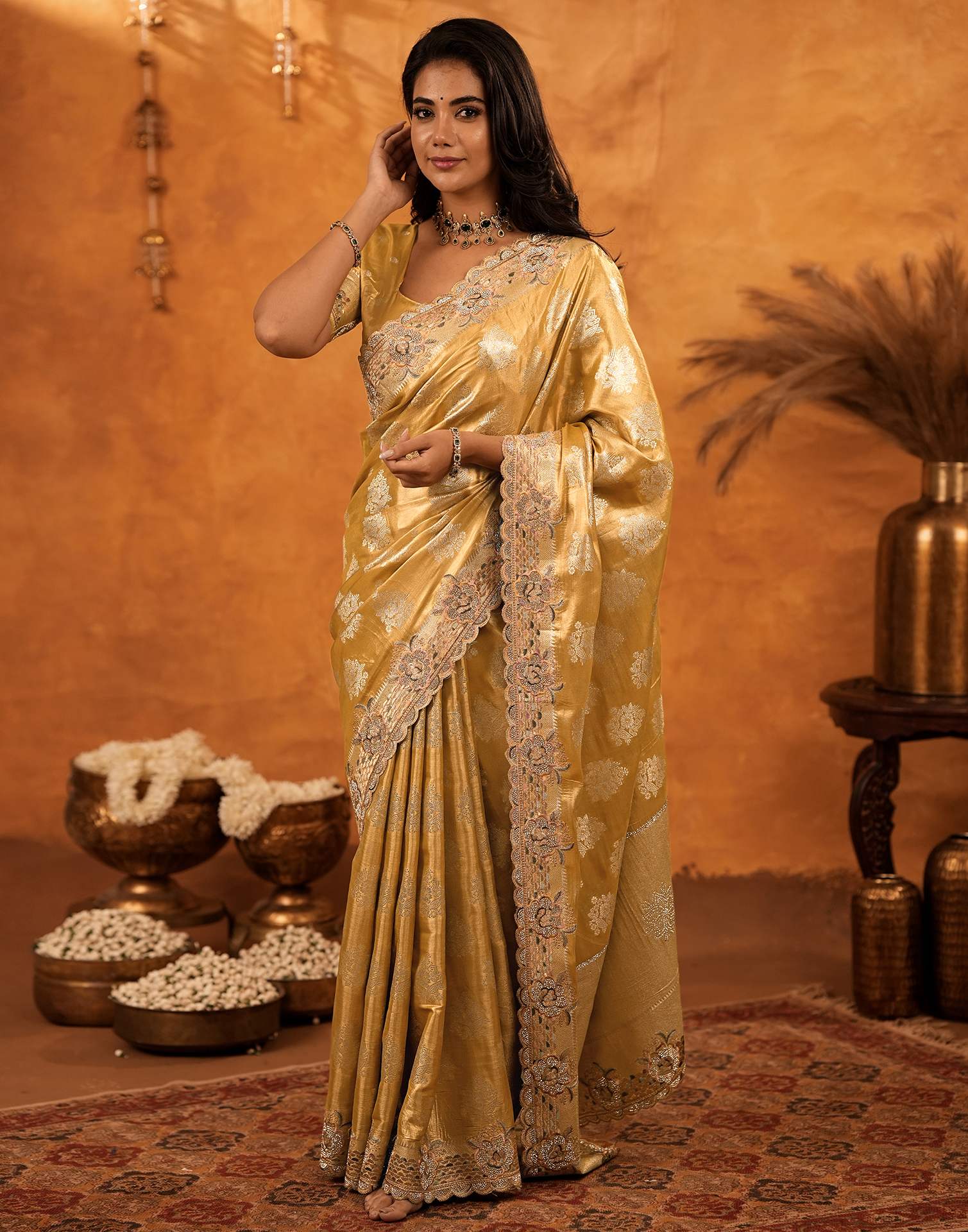 Light Mustard Silk Woven Embroidery Stone Work Banarasi Saree - Image 9