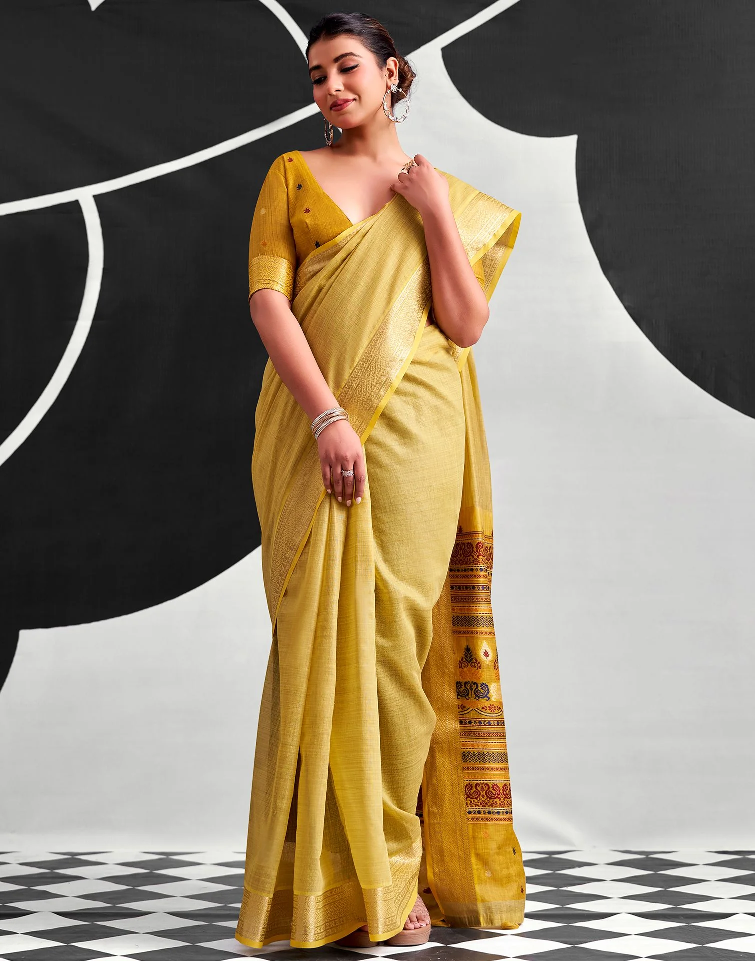 Light Mustard Yellow Cotton Silk Woven Saree - Image 5