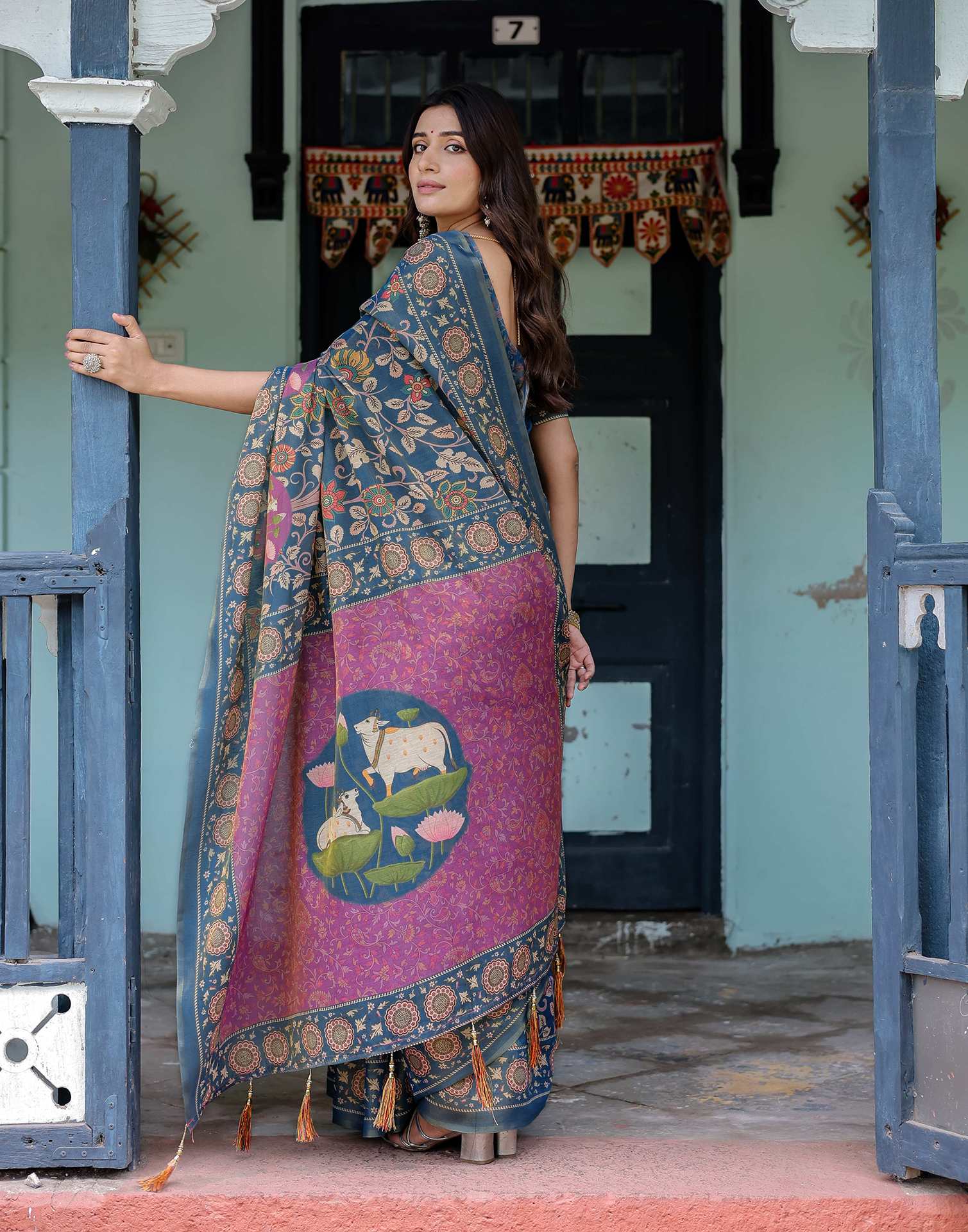 Light Navy Blue Shimmer Silk Printed Kalamkari Saree - Image 10