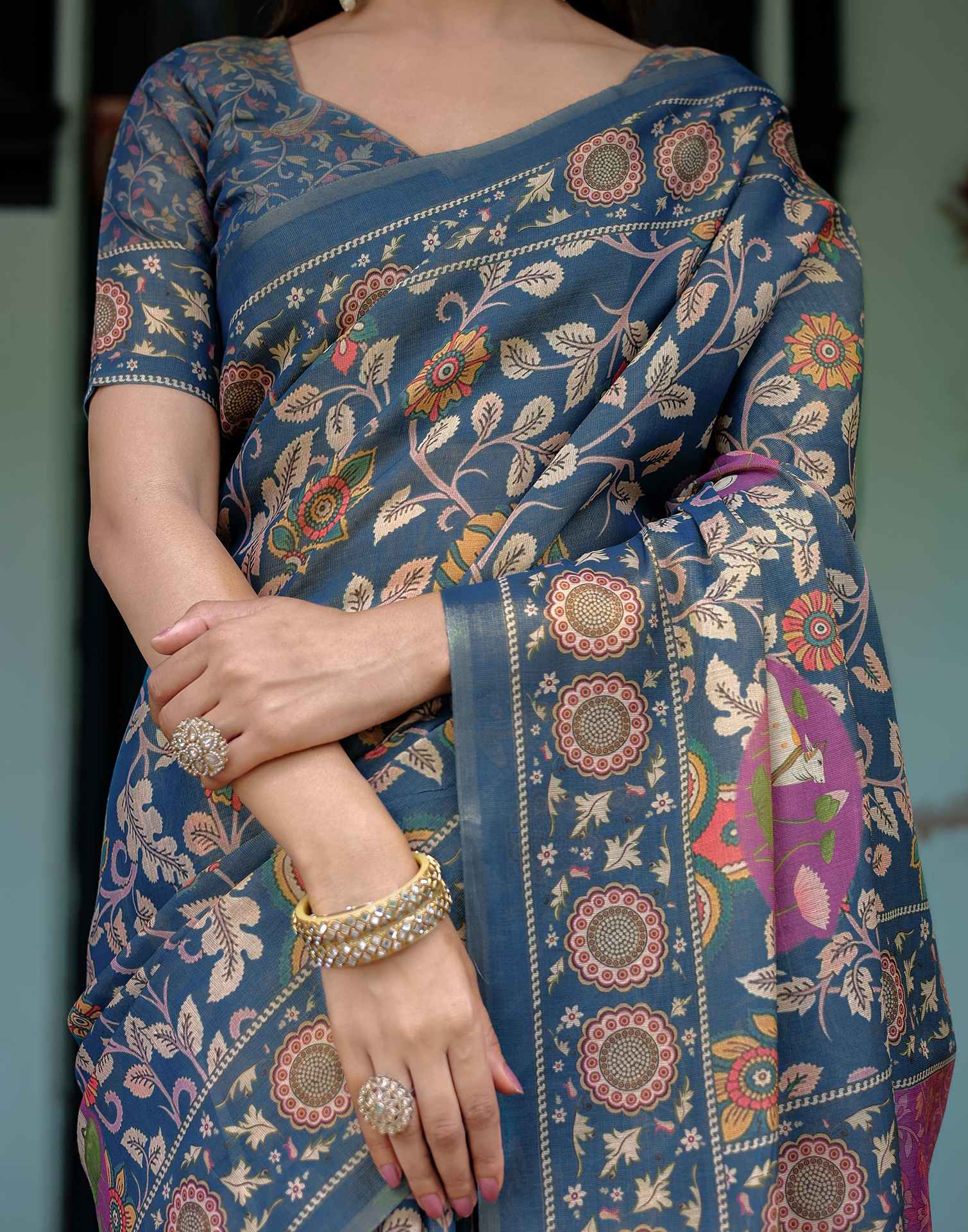 Light Navy Blue Shimmer Silk Printed Kalamkari Saree - Image 13
