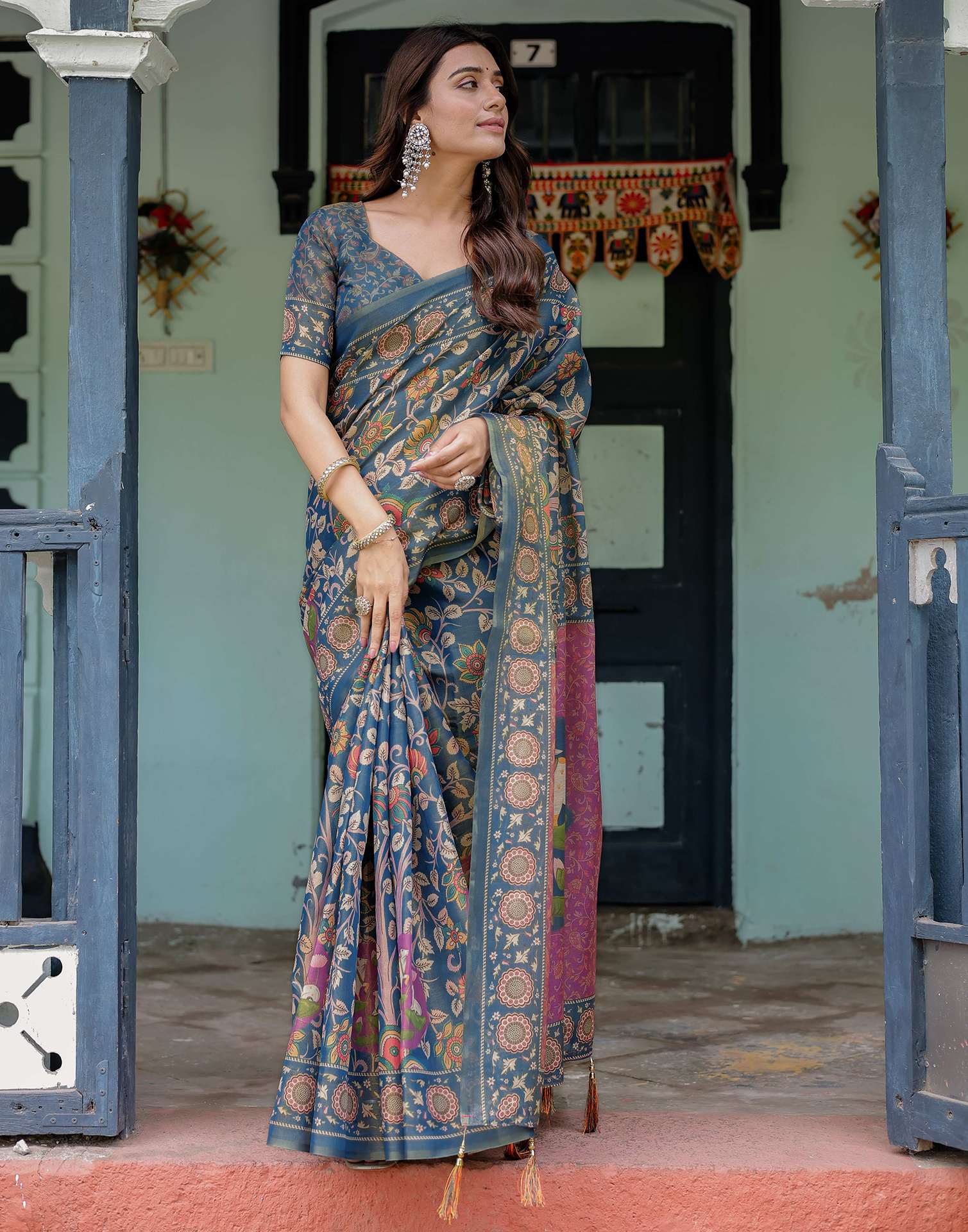 Light Navy Blue Shimmer Silk Printed Kalamkari Saree - Image 8