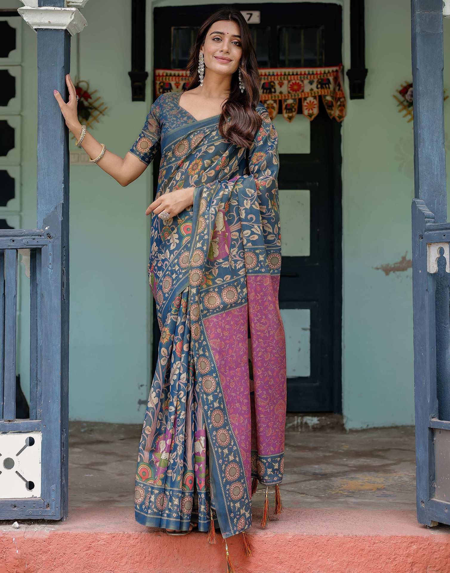 Light Navy Blue Shimmer Silk Printed Kalamkari Saree - Image 9